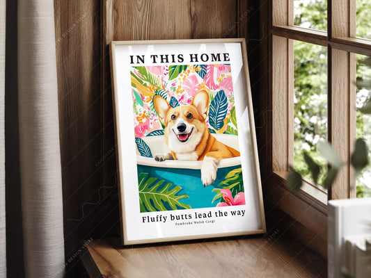 Pembroke Welsh Corgi Wall wall art print displayed in a bright modern living room