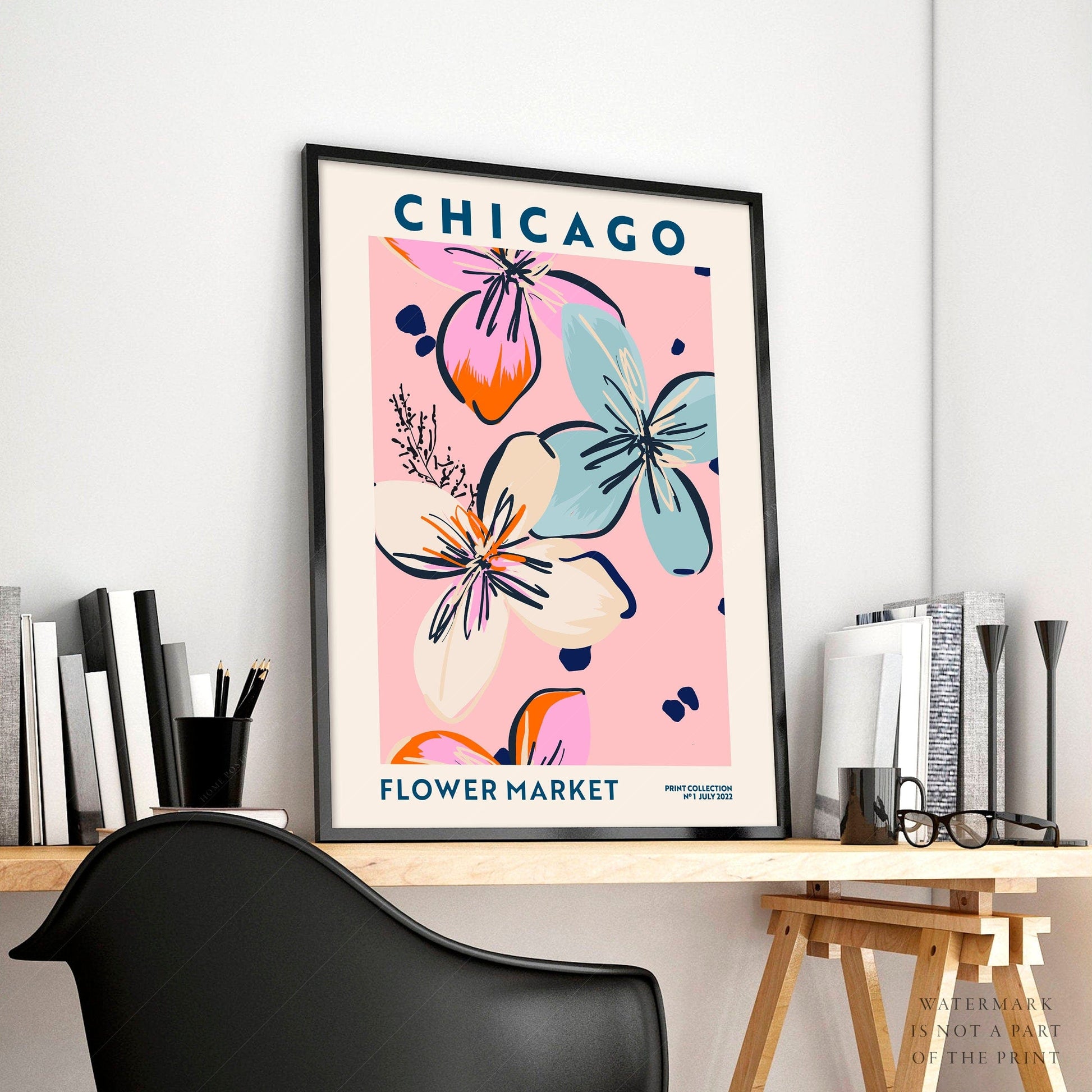Home Poster Decor Flower Market Chicago, Chicago Poster, City Map, Travel Gift, Illinois Art, Gift Idea, Housewarming Decor, Pink Floral Art, Boho Art Decor