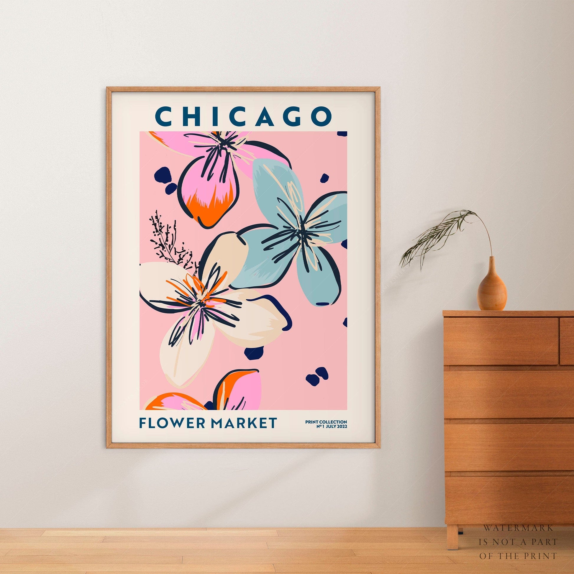 Home Poster Decor Single Flower Market Chicago, Chicago Poster, City Map, Travel Gift, Illinois Art, Gift Idea, Housewarming Decor, Pink Floral Art, Boho Art Decor