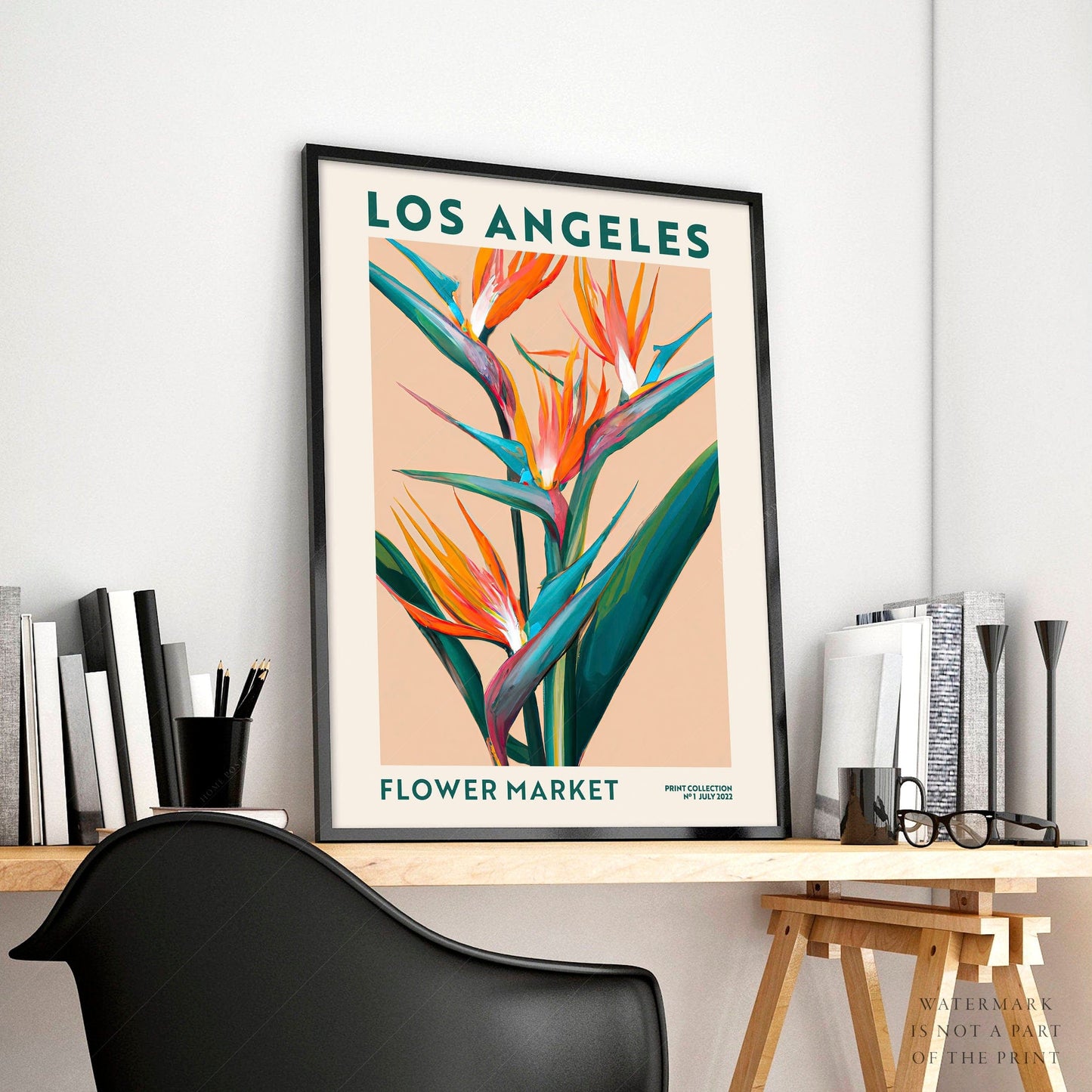 Home Poster Decor Single Flower Market Los Angeles, California Poster, Bird of Paradise, Modern Art Print, City Map, Travel Gift, Boho Floral Poster, Modern Print