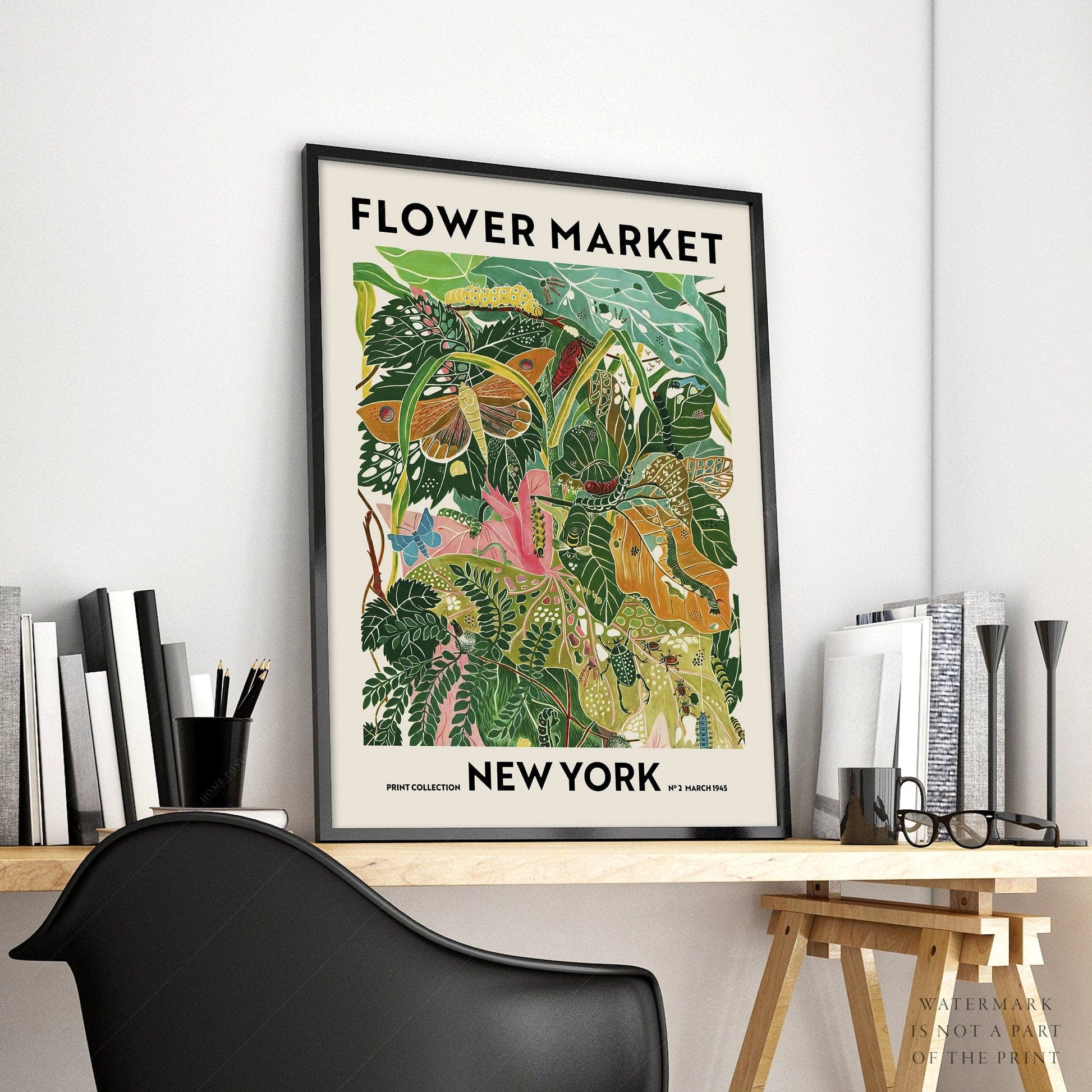 Home Poster Decor Single Flower Market Print, New York Poster, Floral Wall Decor, Flower Art Print, Green Garden Print, Leaves Leaf Poster, Plant Art, Modern Style