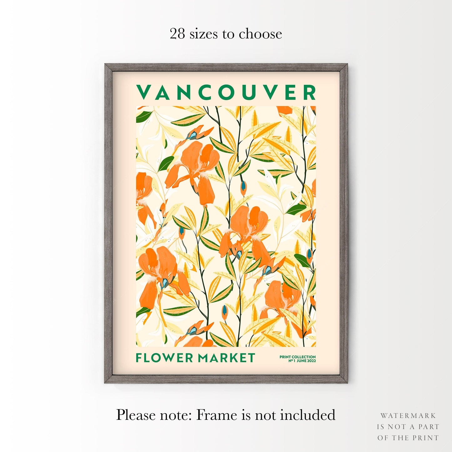 Home Poster Decor Single Flower Market Vancouver, Modern Flower, Orange Lily, Modern Floral, Gift Idea, Canada Art, Garden Print, Spring Colorful Art, Leaves Print