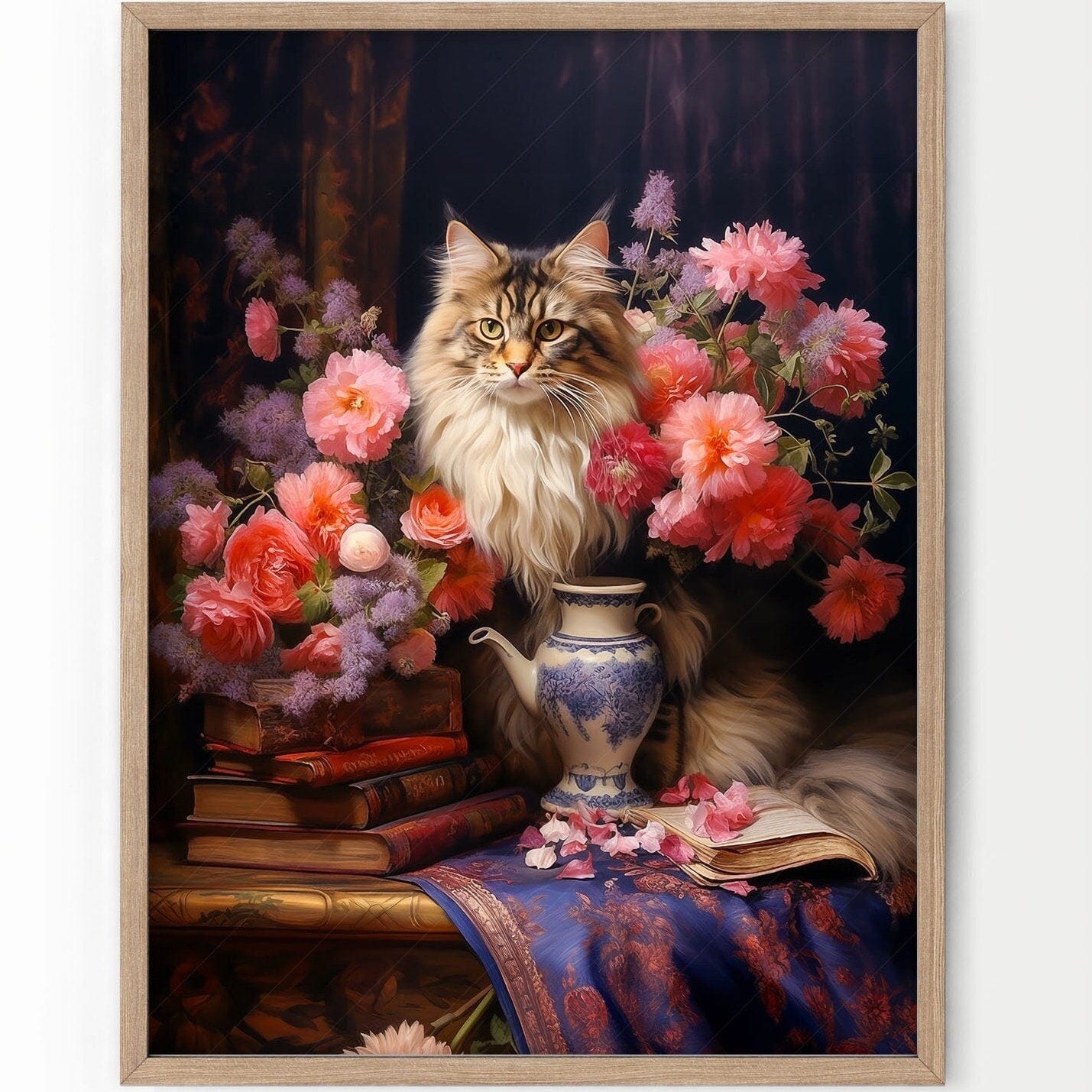 Home Poster Decor Flowers and Cats Cat lover gift Cat print Dark flower still life Antique oil painting Feline art Moody flower art Peony print Maine Coon