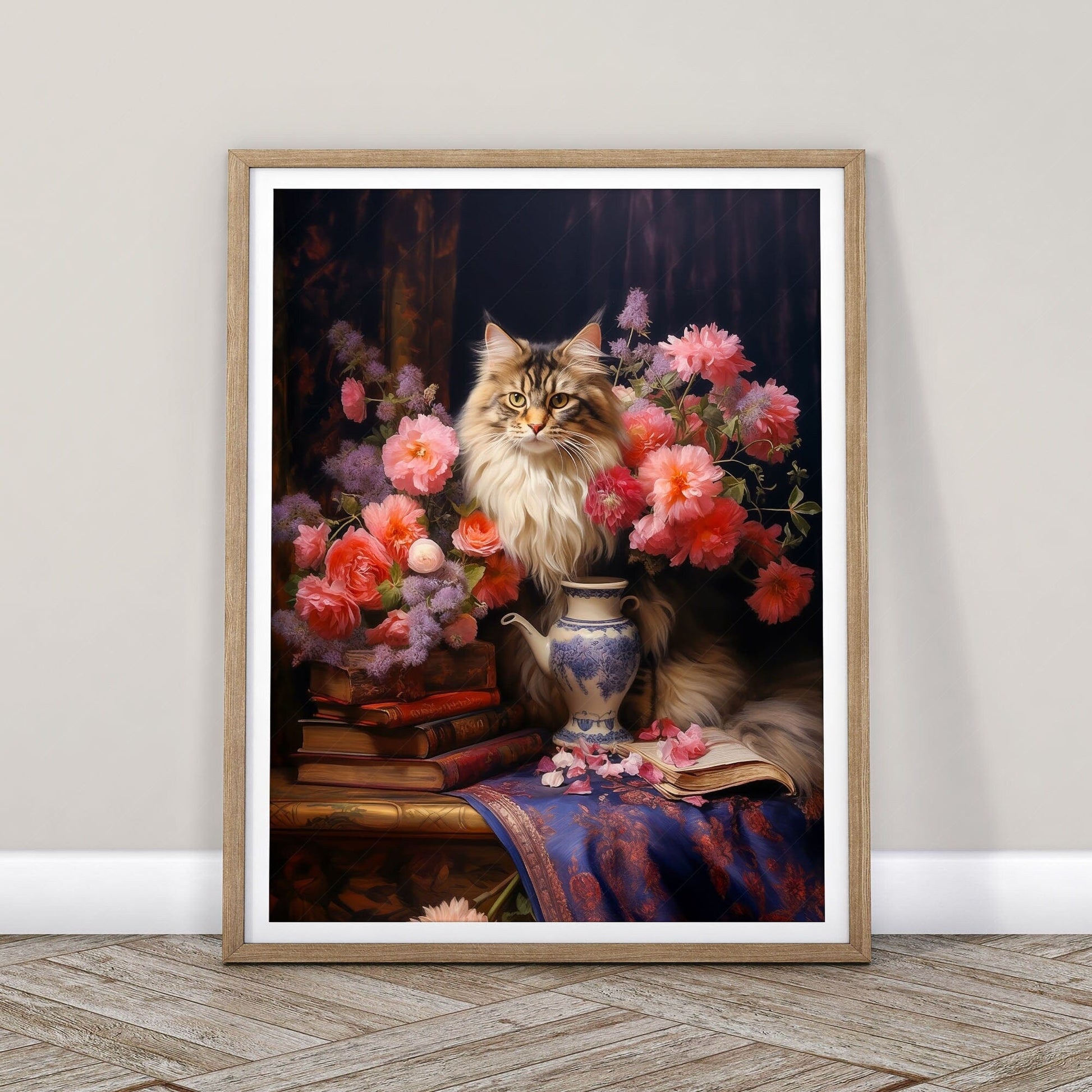 Home Poster Decor Flowers and Cats Cat lover gift Cat print Dark flower still life Antique oil painting Feline art Moody flower art Peony print Maine Coon