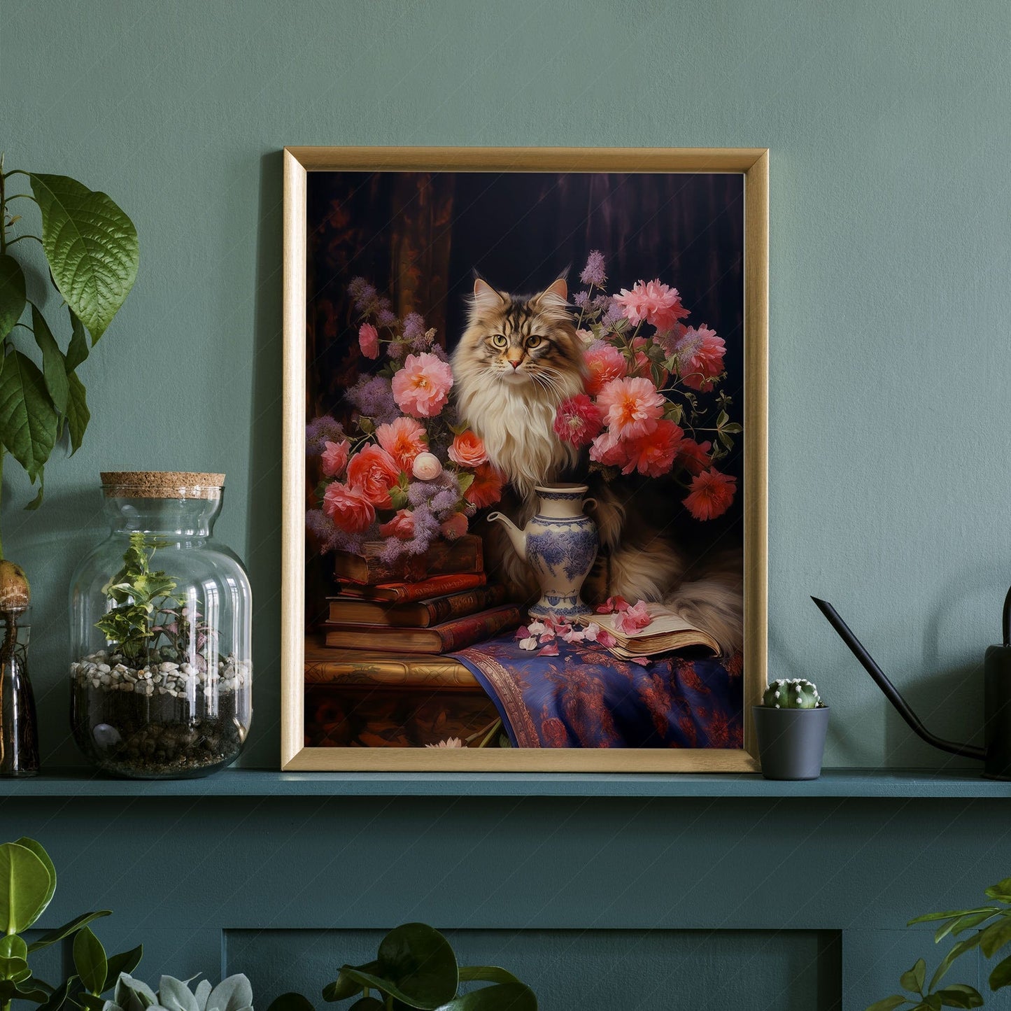 Home Poster Decor Flowers and Cats Cat lover gift Cat print Dark flower still life Antique oil painting Feline art Moody flower art Peony print Maine Coon