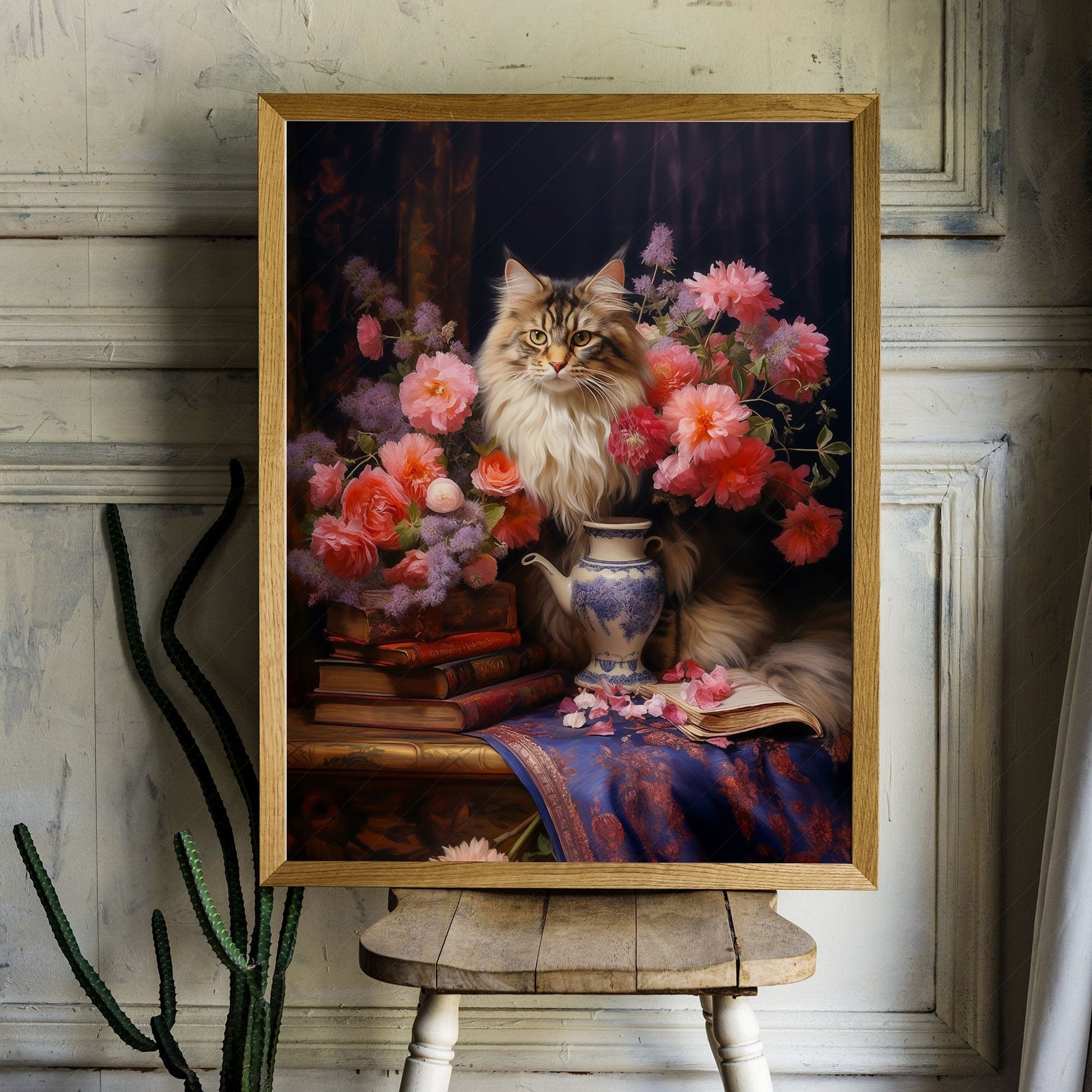 Home Poster Decor Flowers and Cats Cat lover gift Cat print Dark flower still life Antique oil painting Feline art Moody flower art Peony print Maine Coon