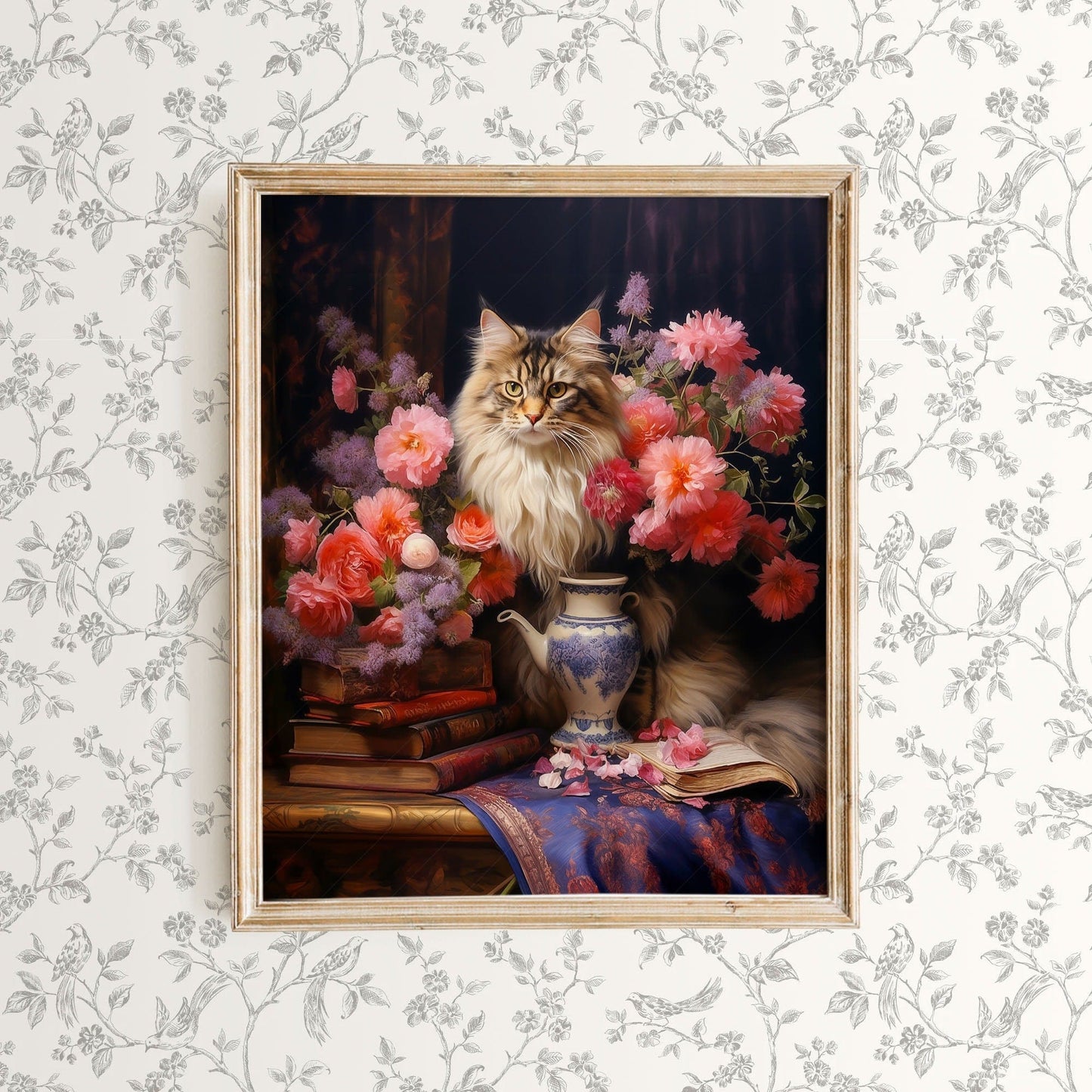 Home Poster Decor Flowers and Cats Cat lover gift Cat print Dark flower still life Antique oil painting Feline art Moody flower art Peony print Maine Coon