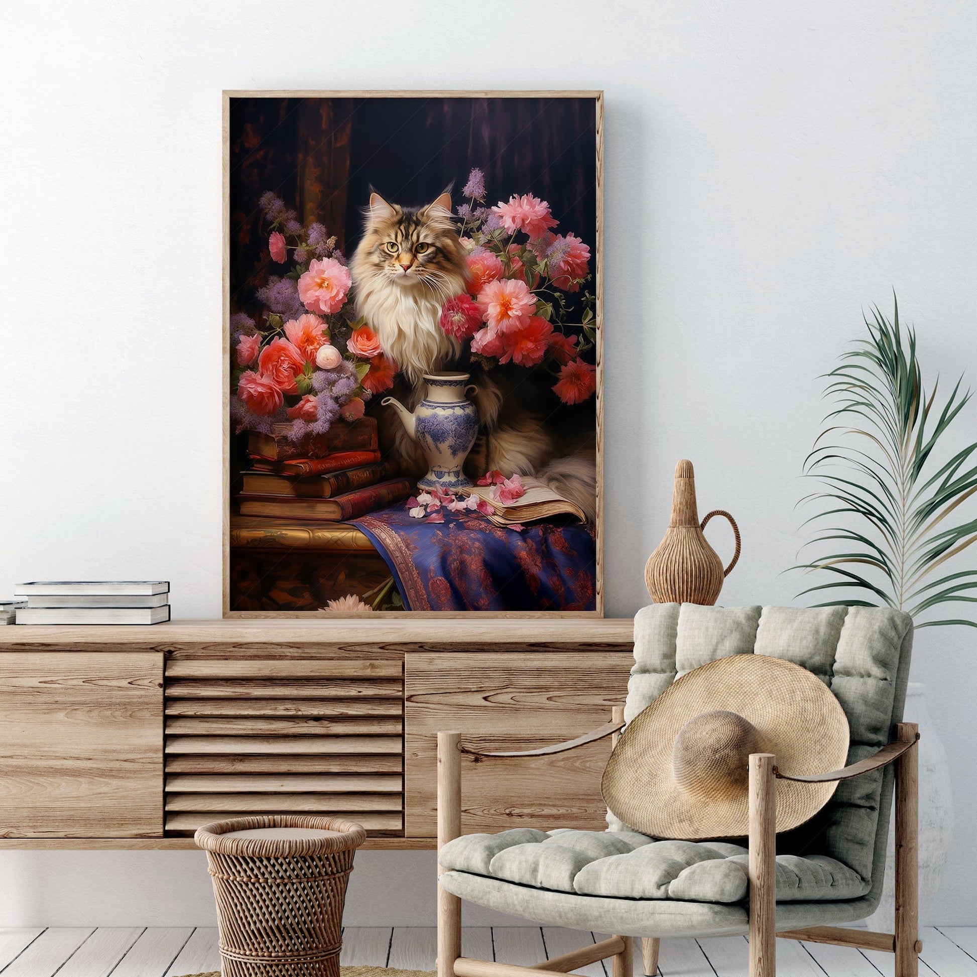 Home Poster Decor Flowers and Cats Cat lover gift Cat print Dark flower still life Antique oil painting Feline art Moody flower art Peony print Maine Coon