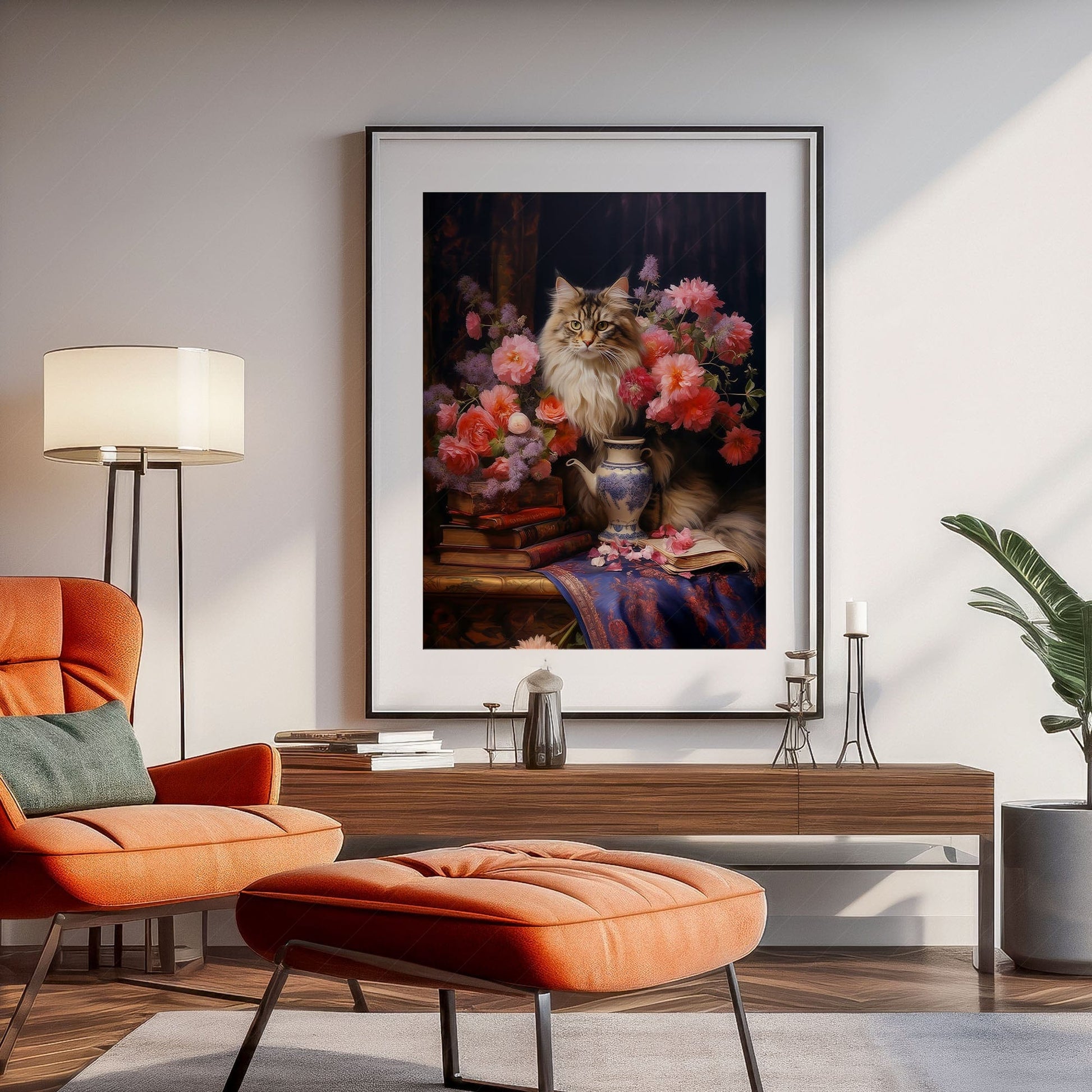 Home Poster Decor Flowers and Cats Cat lover gift Cat print Dark flower still life Antique oil painting Feline art Moody flower art Peony print Maine Coon