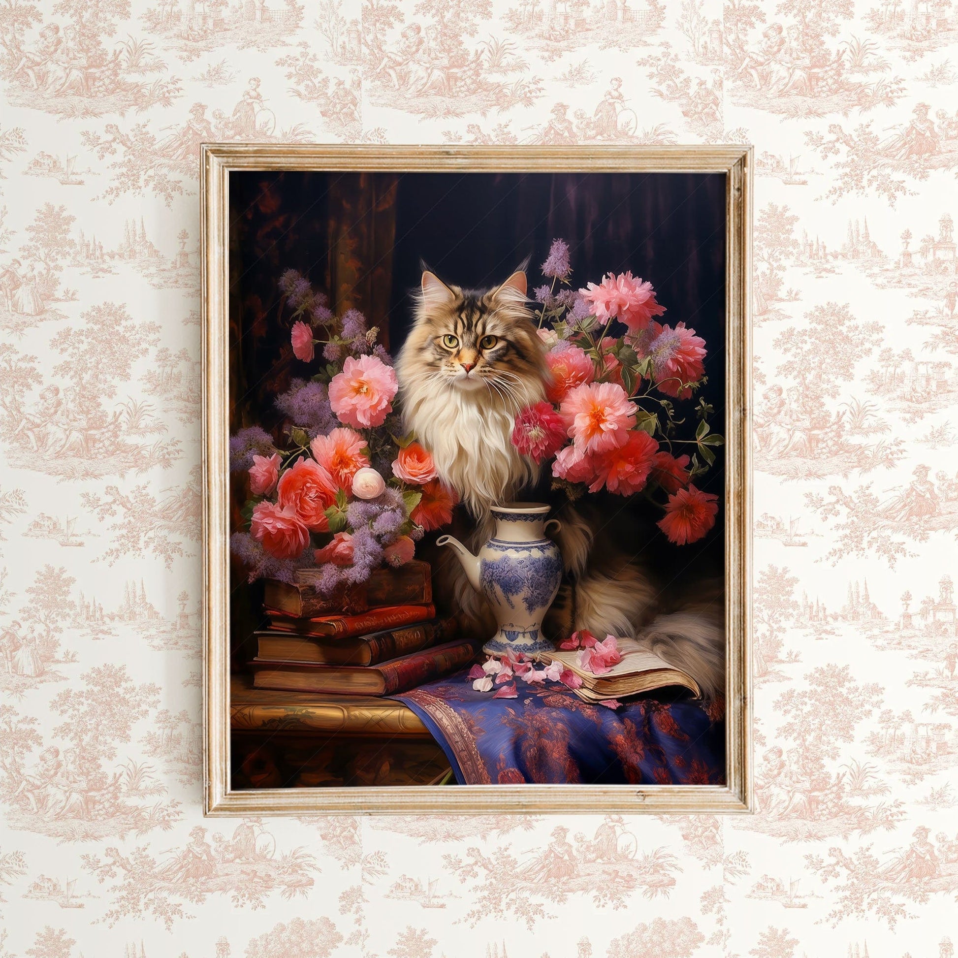 Home Poster Decor Flowers and Cats Cat lover gift Cat print Dark flower still life Antique oil painting Feline art Moody flower art Peony print Maine Coon