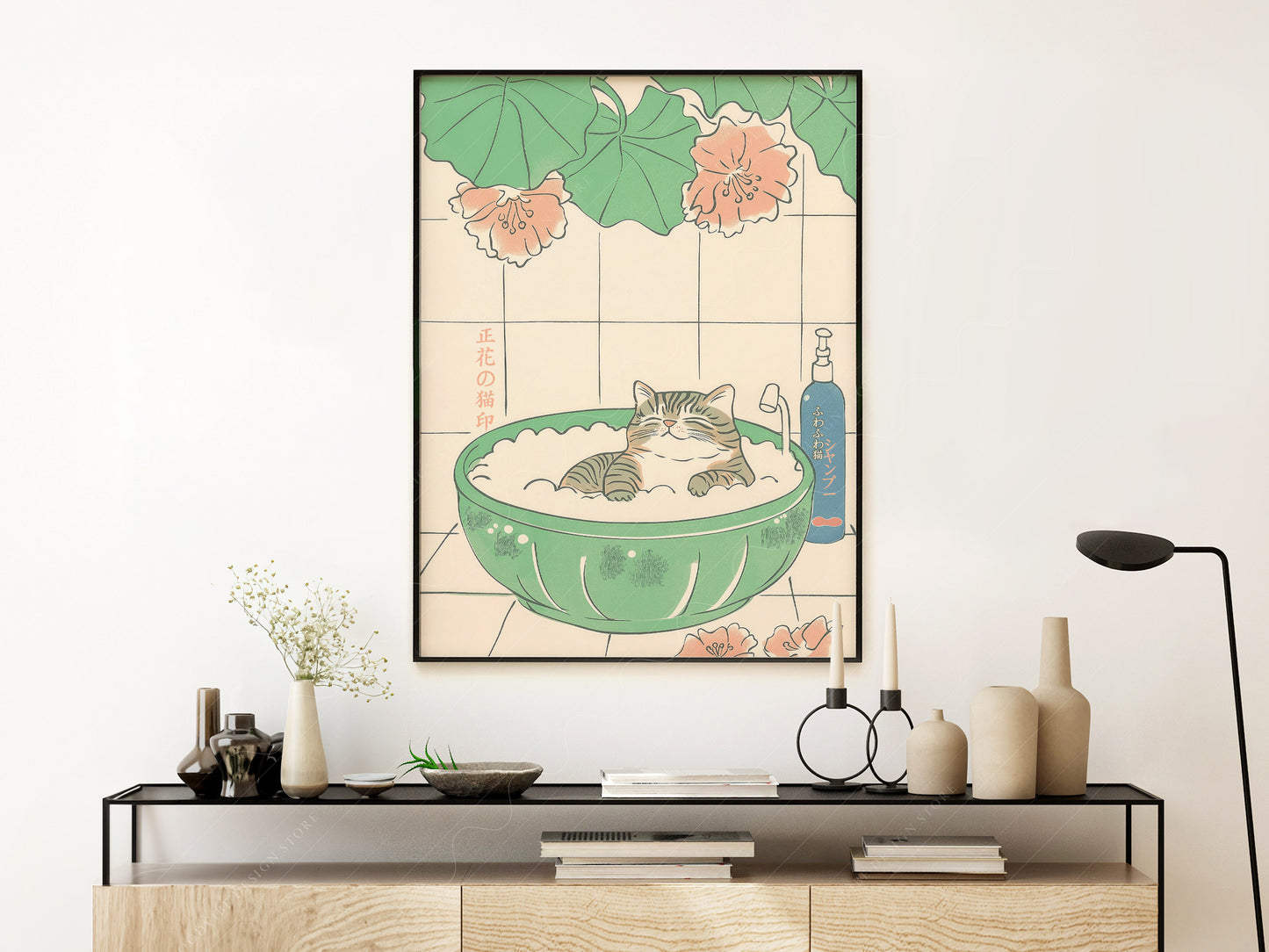 Japandi Cat Print, Minimalist Zen Wall Art