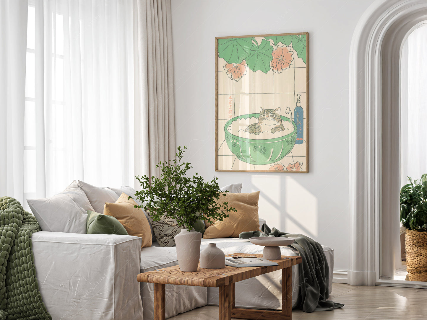 Japandi Cat Print, Minimalist Zen Wall Art