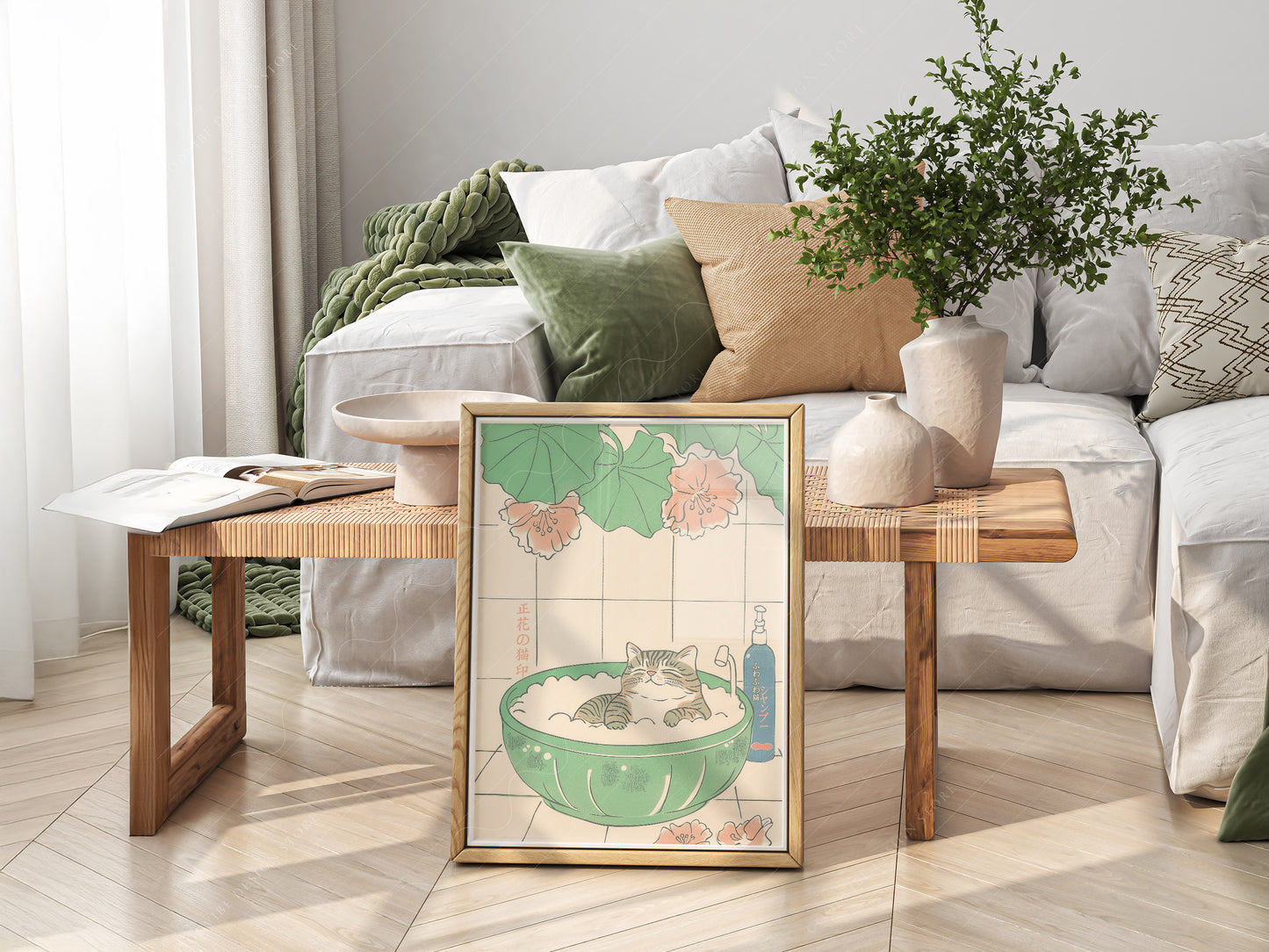 Japandi Cat Print, Minimalist Zen Wall Art