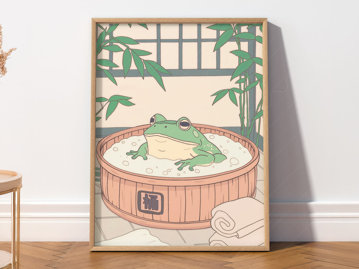 Japanese frog relaxing in wooden tub art print with bamboo and soft zen aesthetic wall decor.