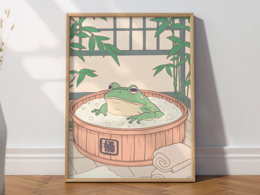 Japanese Frog in Wooden Tub wall art print displayed in a bright modern living room