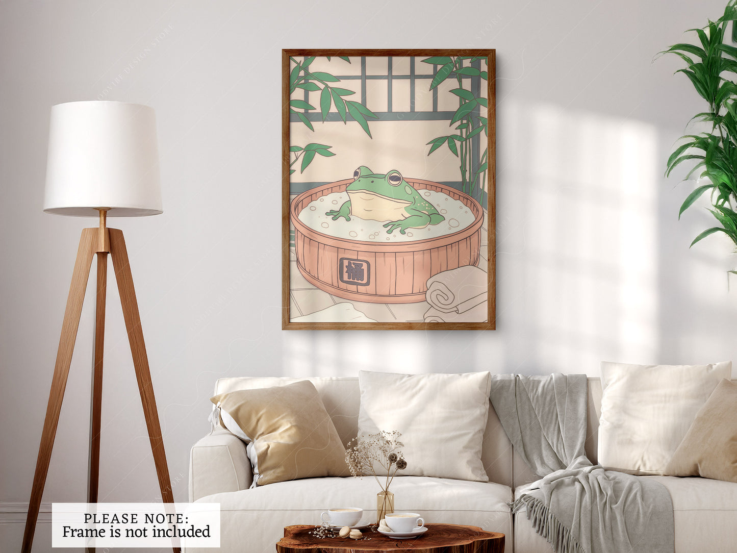 Japanese Frog in Wooden Tub styled in a Scandinavian bedroom