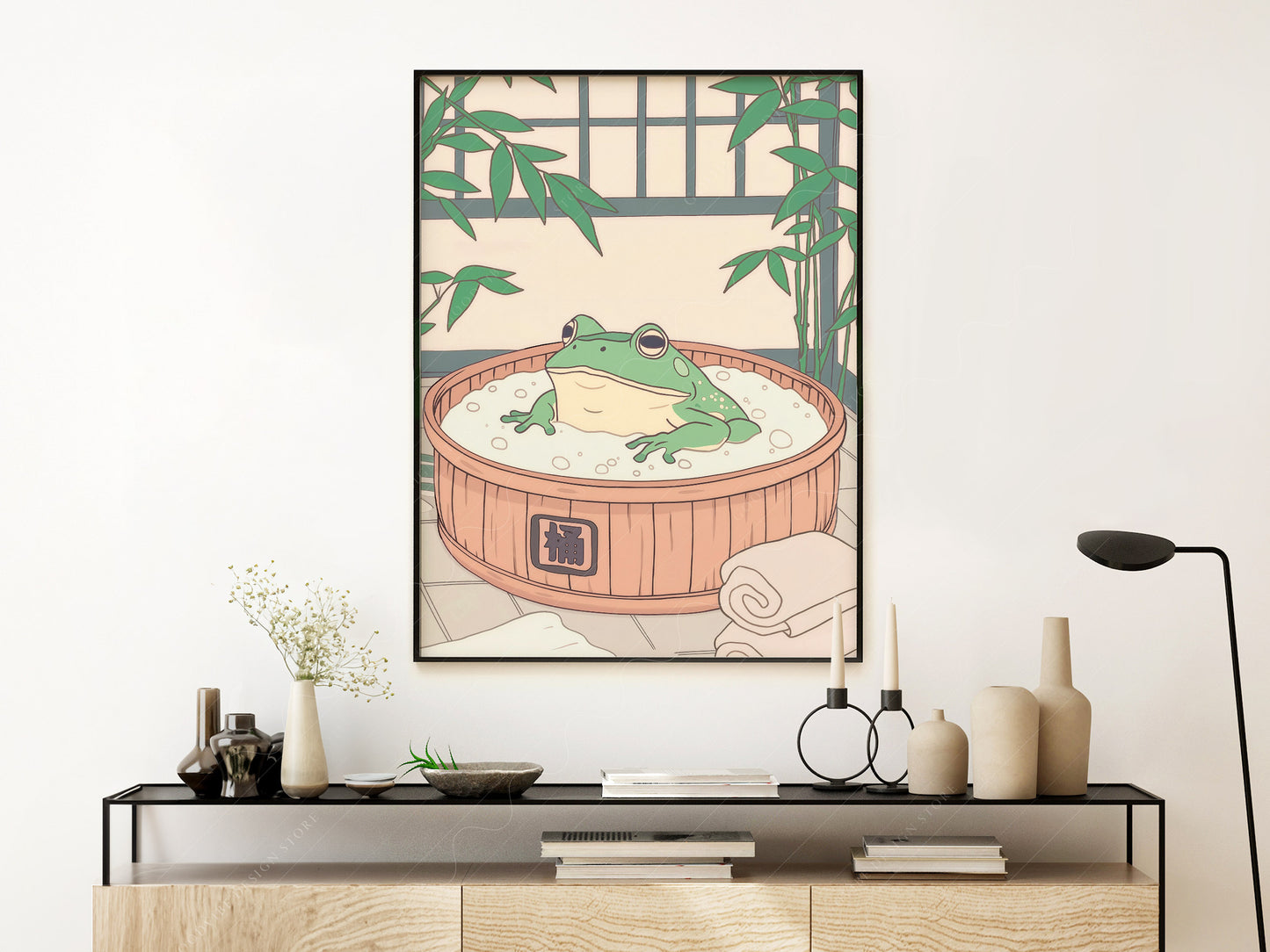 Gallery wall featuring Japanese Frog in Wooden Tub fine art print