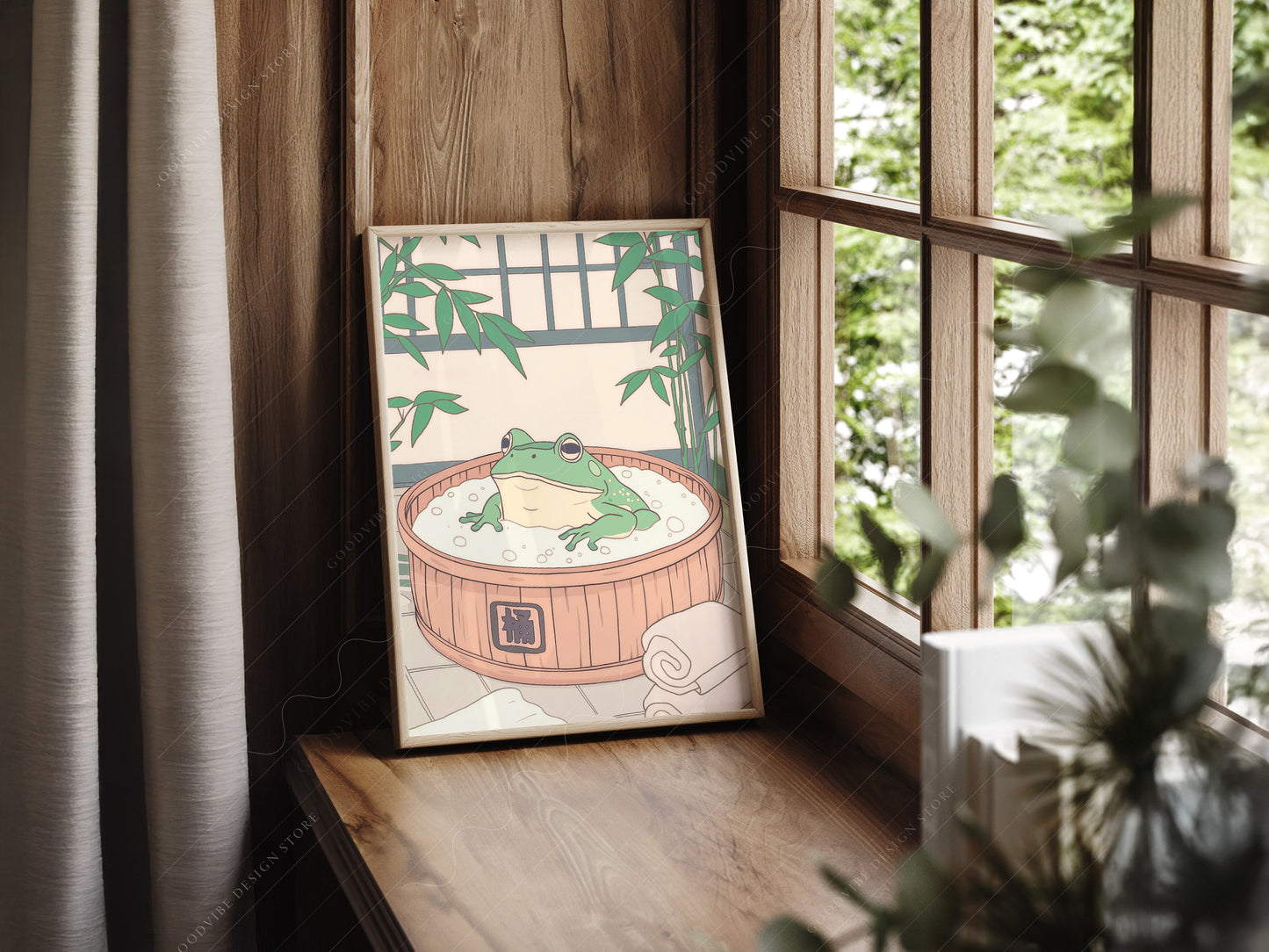 Japanese Frog in Wooden Tub wall art in a cozy home study or reading room