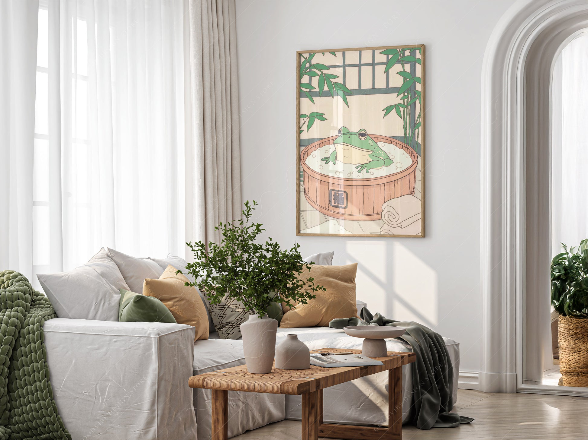 Japanese Frog in Wooden Tub print styled in a mid-century modern dining room