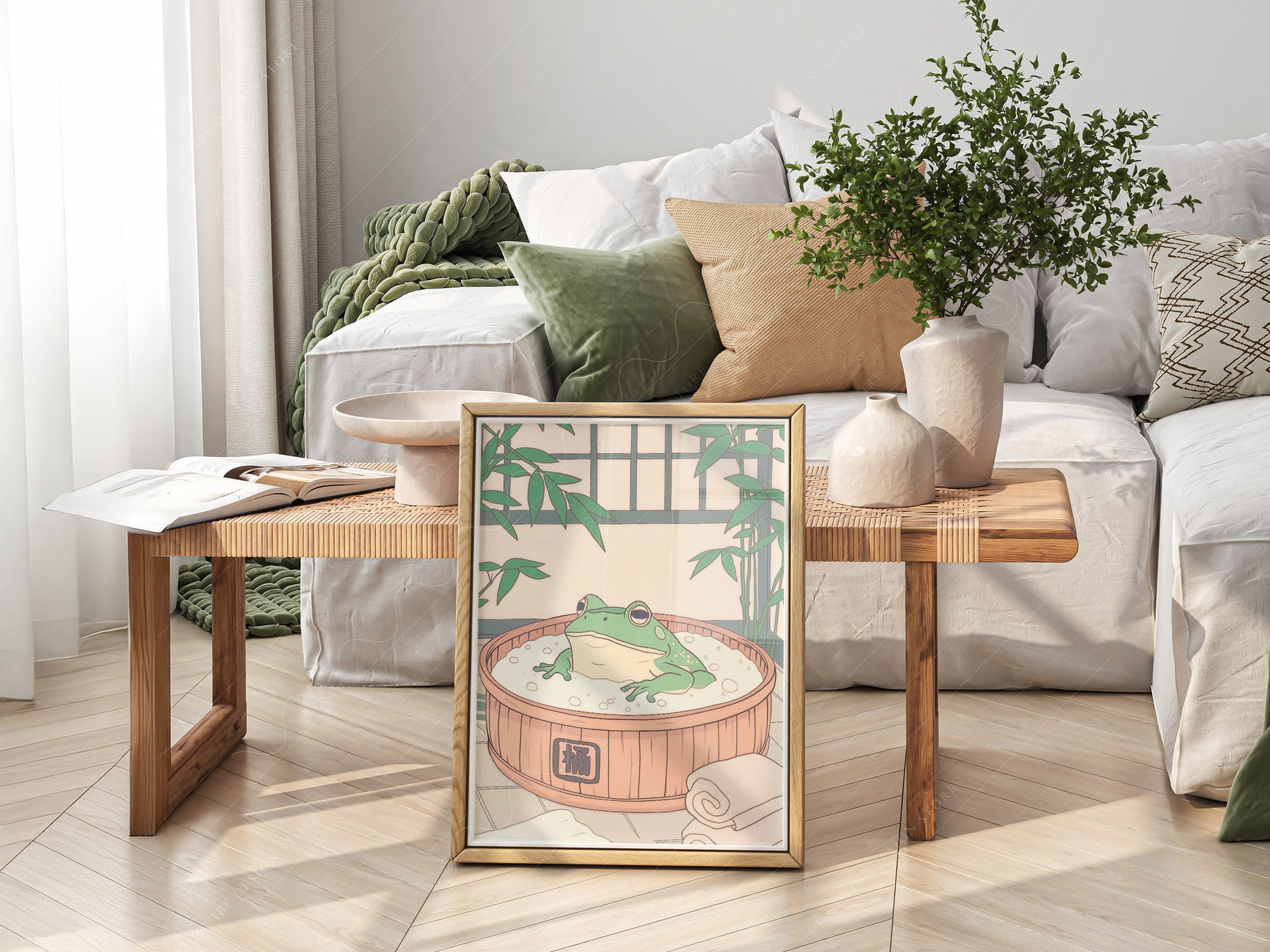 Japanese Frog in Wooden Tub art print as wall decor in a minimalist home office