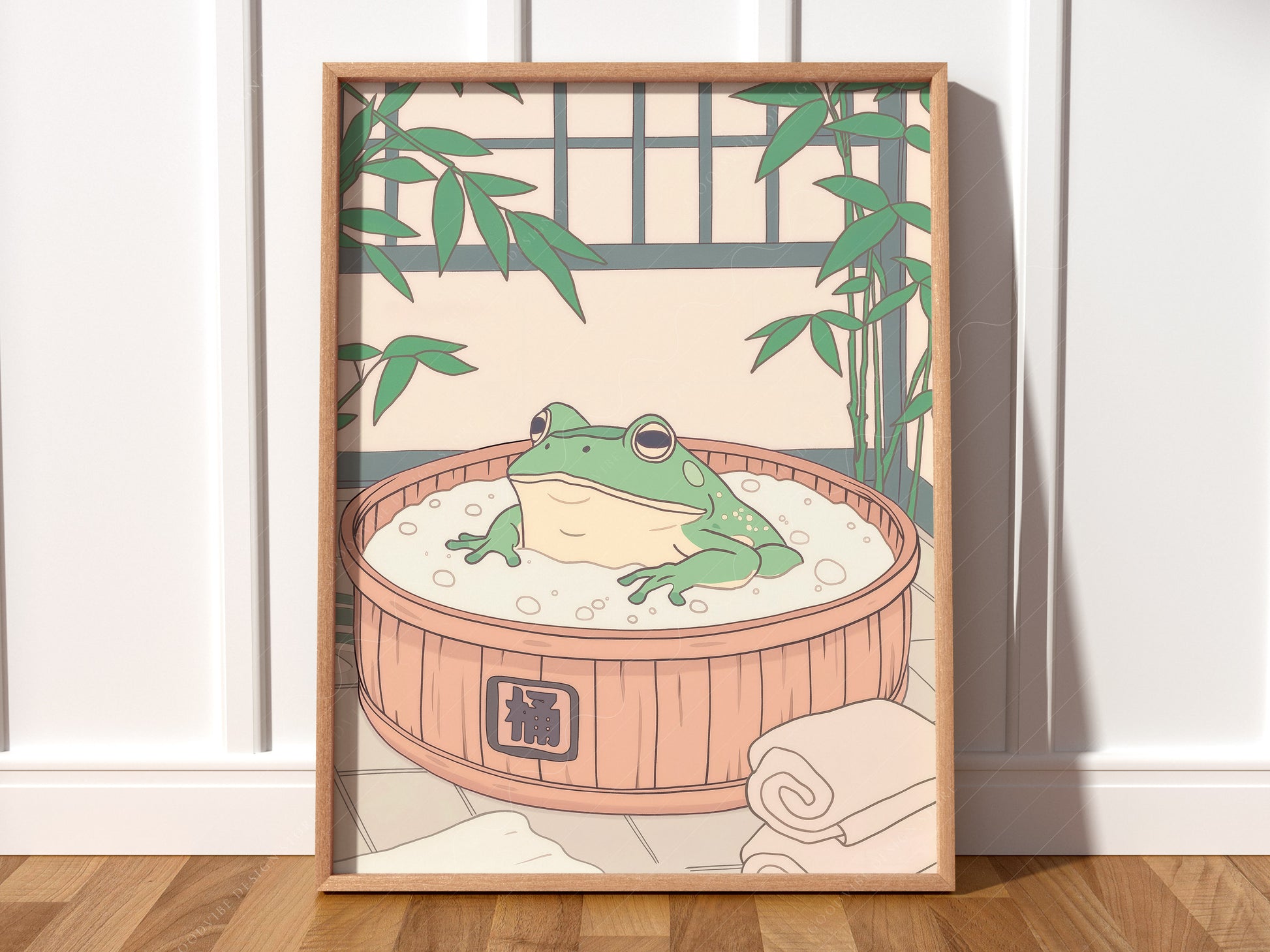Japanese Frog in Wooden Tub in a light-filled Japandi-inspired living space