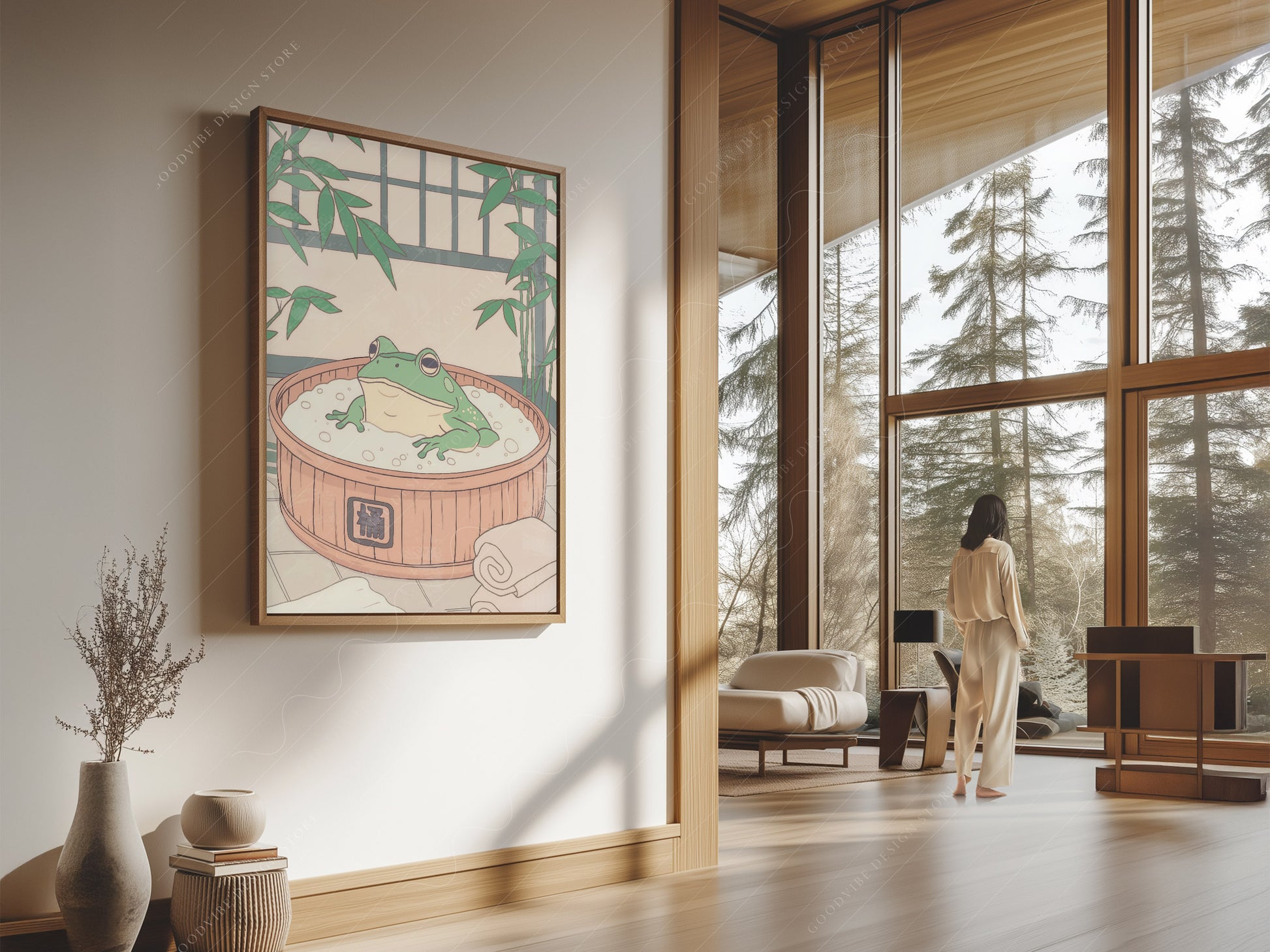 Multiple size options for Japanese Frog in Wooden Tub wall art print display