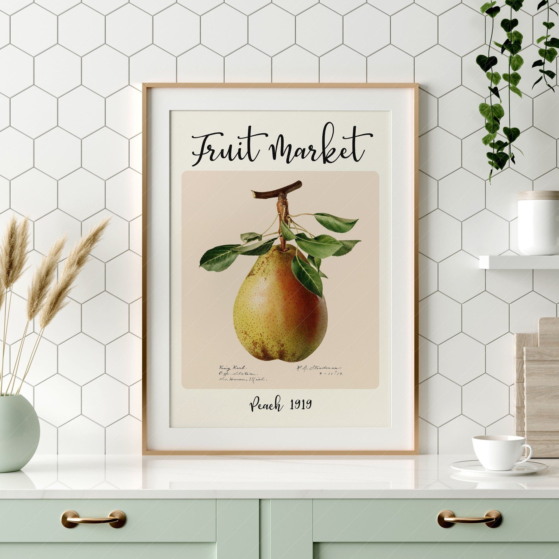 Home Poster Decor Fruit Market Print, Foodie Gift, Food Lover, Retro Art, Vintage Kitchen Art, Farmhouse Decor, Dine Room Art, Pear Fruit, Beige Pastel Print