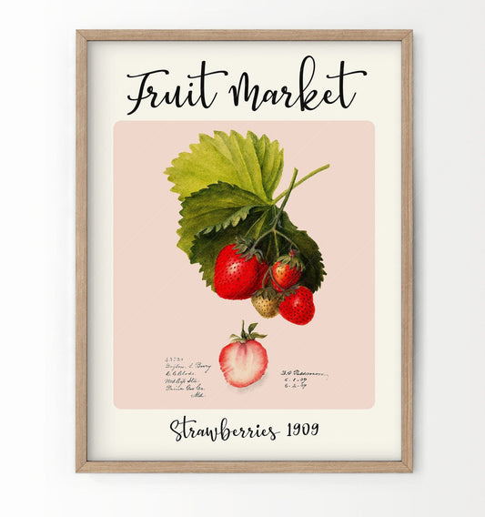 Home Poster Decor Single Fruit Market, Strawberry Print, Kitchen Wall Decor, Retro Kitchen, Vintage Fruits, Botanical Art, Pastel Color, Blush Pink Art, Modern Dine