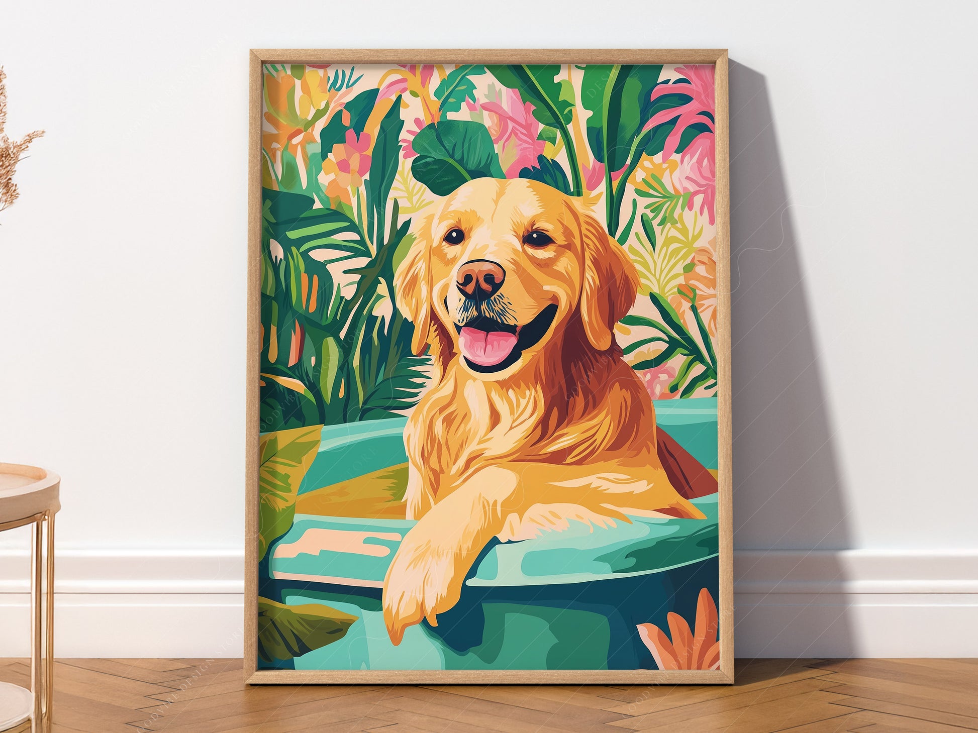 Golden retriever in bathtub wall art print with colorful tropical botanical background.