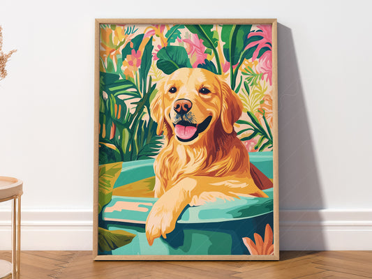 Golden retriever in bathtub wall art print with colorful tropical botanical background.
