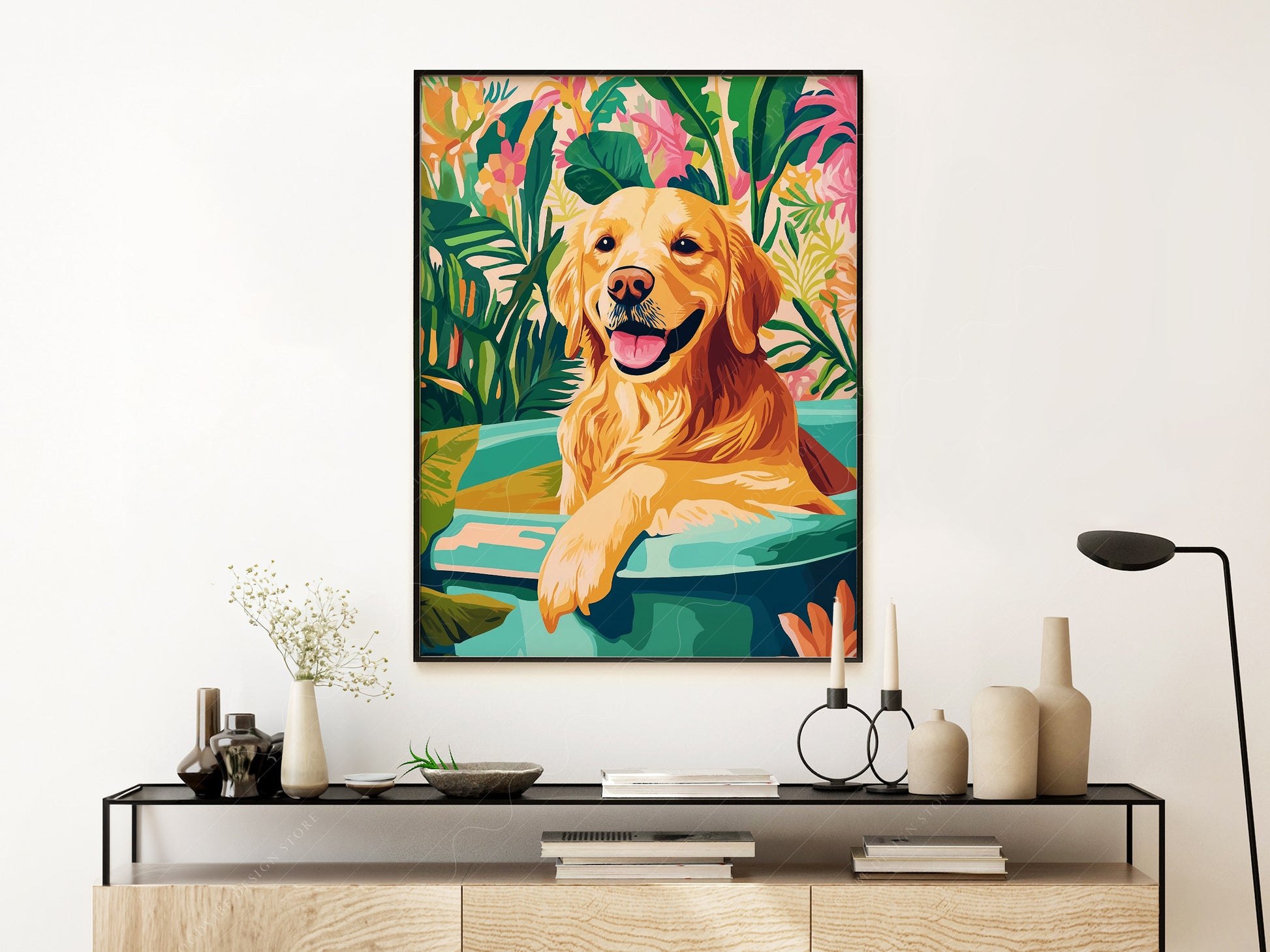 Golden Retriever in Bathtub styled in a Scandinavian bedroom