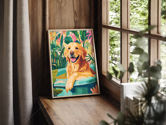Golden Retriever in Bathtub wall art print displayed in a bright modern living room