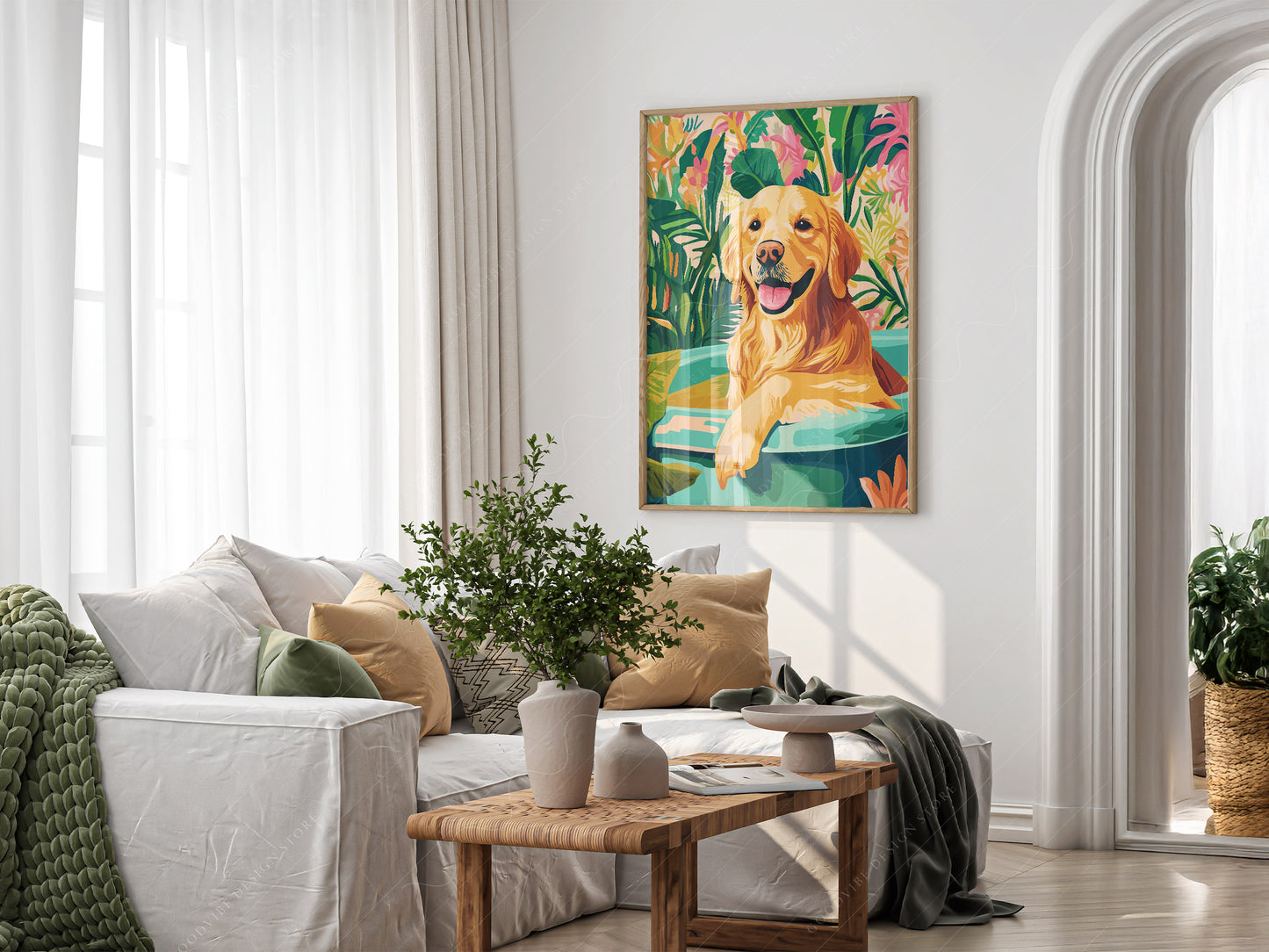 Golden Retriever in Bathtub wall art in a cozy home study or reading room