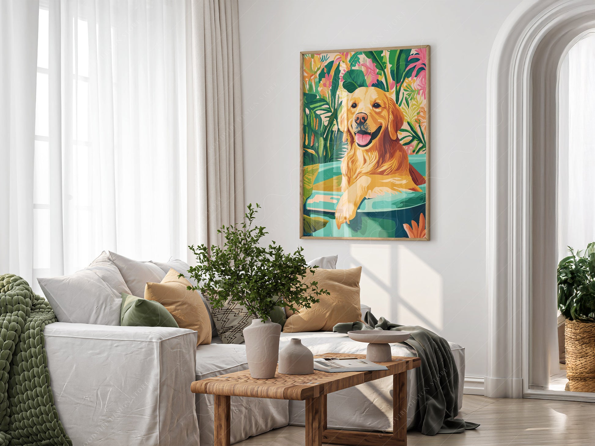 Golden Retriever in Bathtub wall art in a cozy home study or reading room
