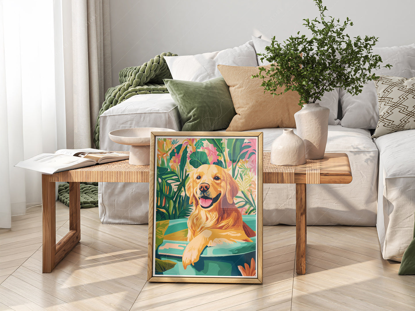 Golden Retriever in Bathtub print styled in a mid-century modern dining room
