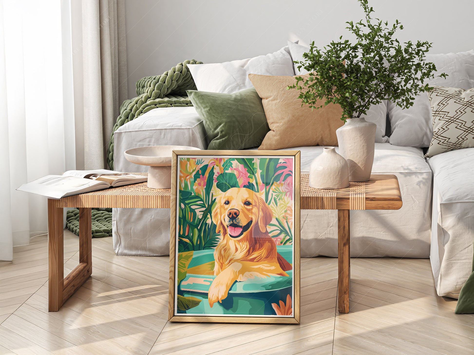 Golden Retriever in Bathtub print styled in a mid-century modern dining room