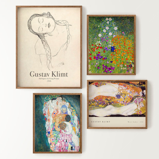 Home Poster Decor Gustav Klimt, Gallery Wall, Set of 4 Prints, Klimt Woman Line, Klimt Garden, Water Snakes, Death and Life, Anniversary Gift, Room Wall Decor