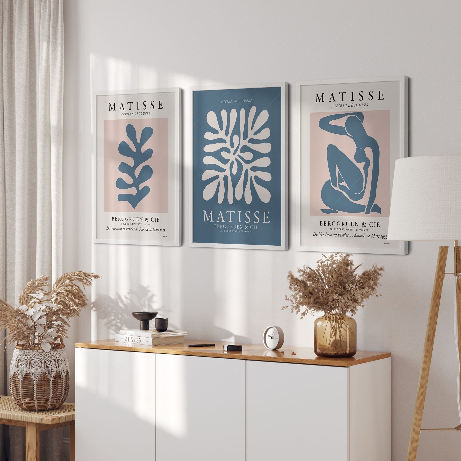 Home Poster Decor Henri Matisse Gallery Wall, Set of 3 Prints, Mid Century Modern, Blush Pink and Blue