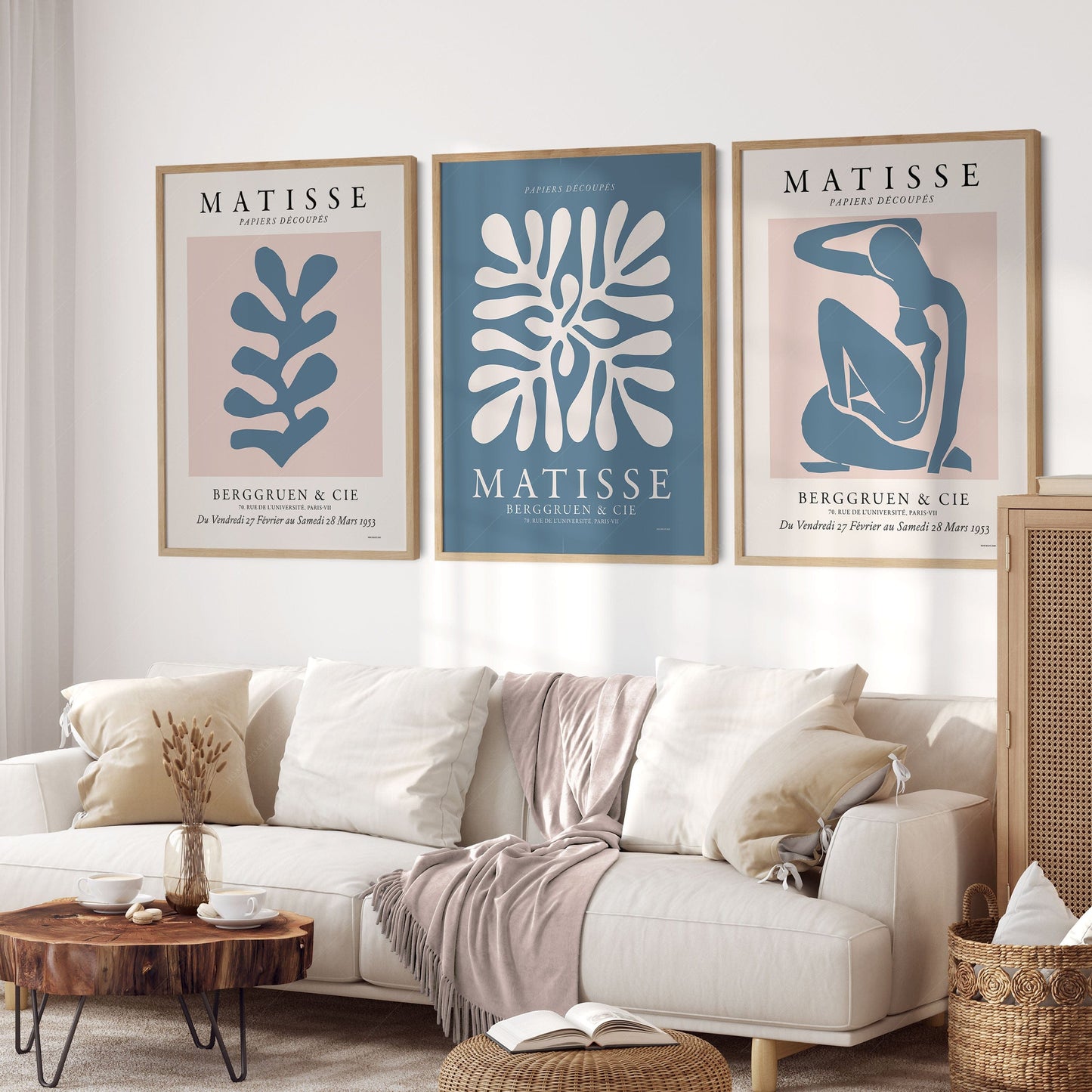 Home Poster Decor Henri Matisse Gallery Wall, Set of 3 Prints, Mid Century Modern, Blush Pink and Blue