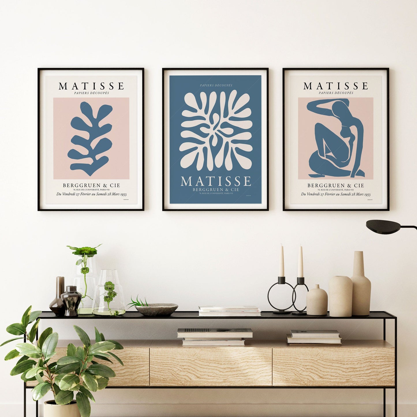 Home Poster Decor Henri Matisse Gallery Wall, Set of 3 Prints, Mid Century Modern, Blush Pink and Blue