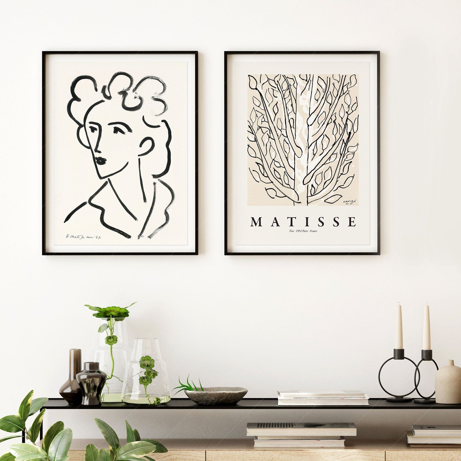 Home Poster Decor Set of 2 Henri Matisse, Line Art, Neutral Set of 2 Prints, Woman Face and The Tree