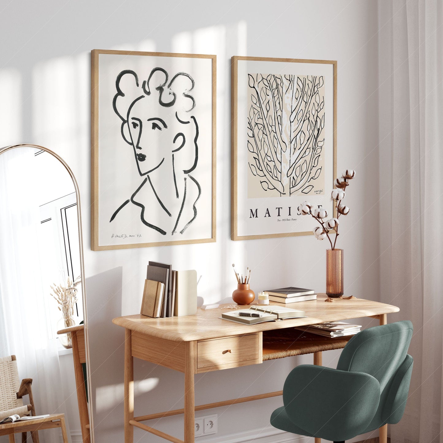 Home Poster Decor Set of 2 Henri Matisse, Line Art, Neutral Set of 2 Prints, Woman Face and The Tree