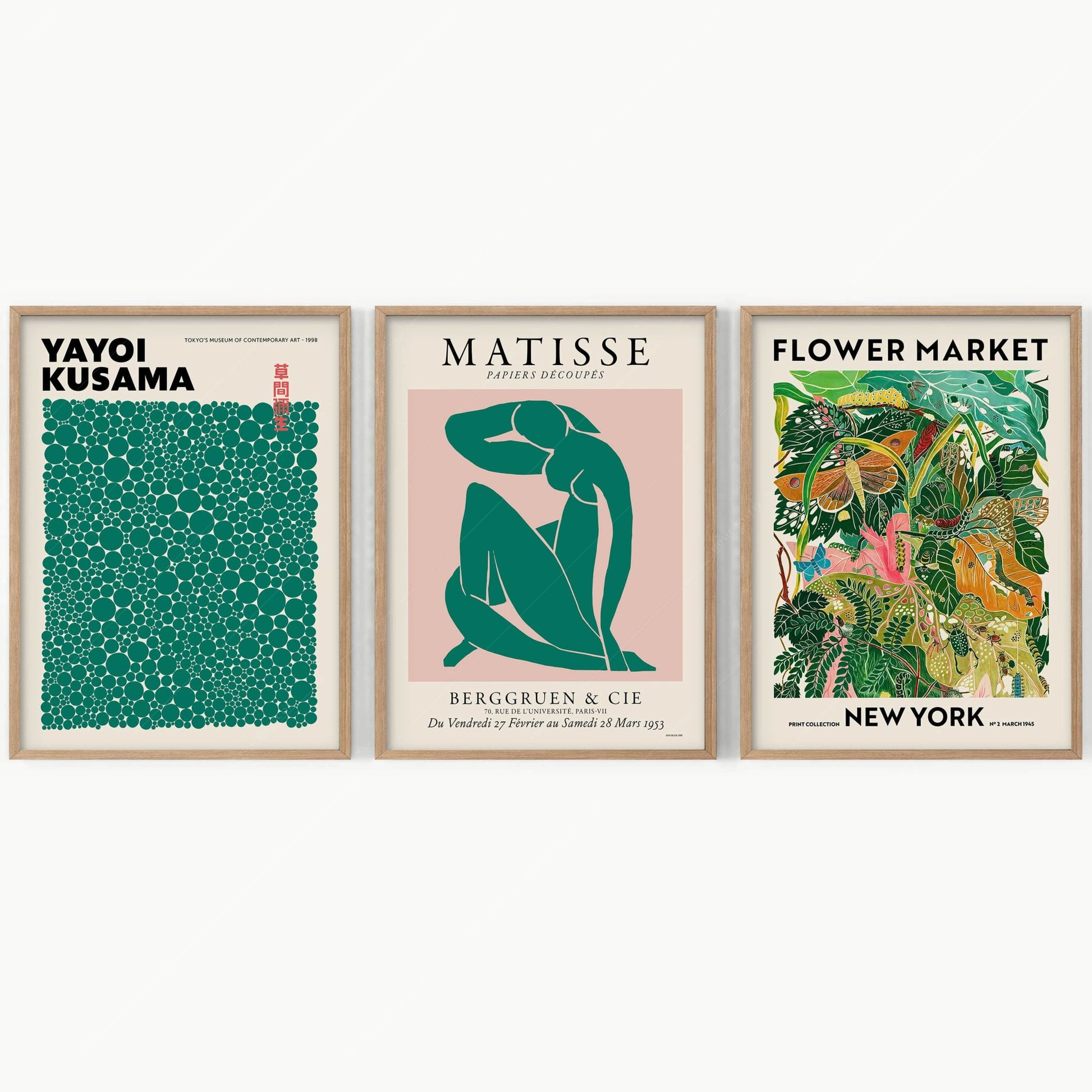 Home Poster Decor Henri Matisse, Modern Gallery Wall, Set of 3 Prints, Matisse, Yayoi Kusama, Flower Market, Dark Green and Light Pink