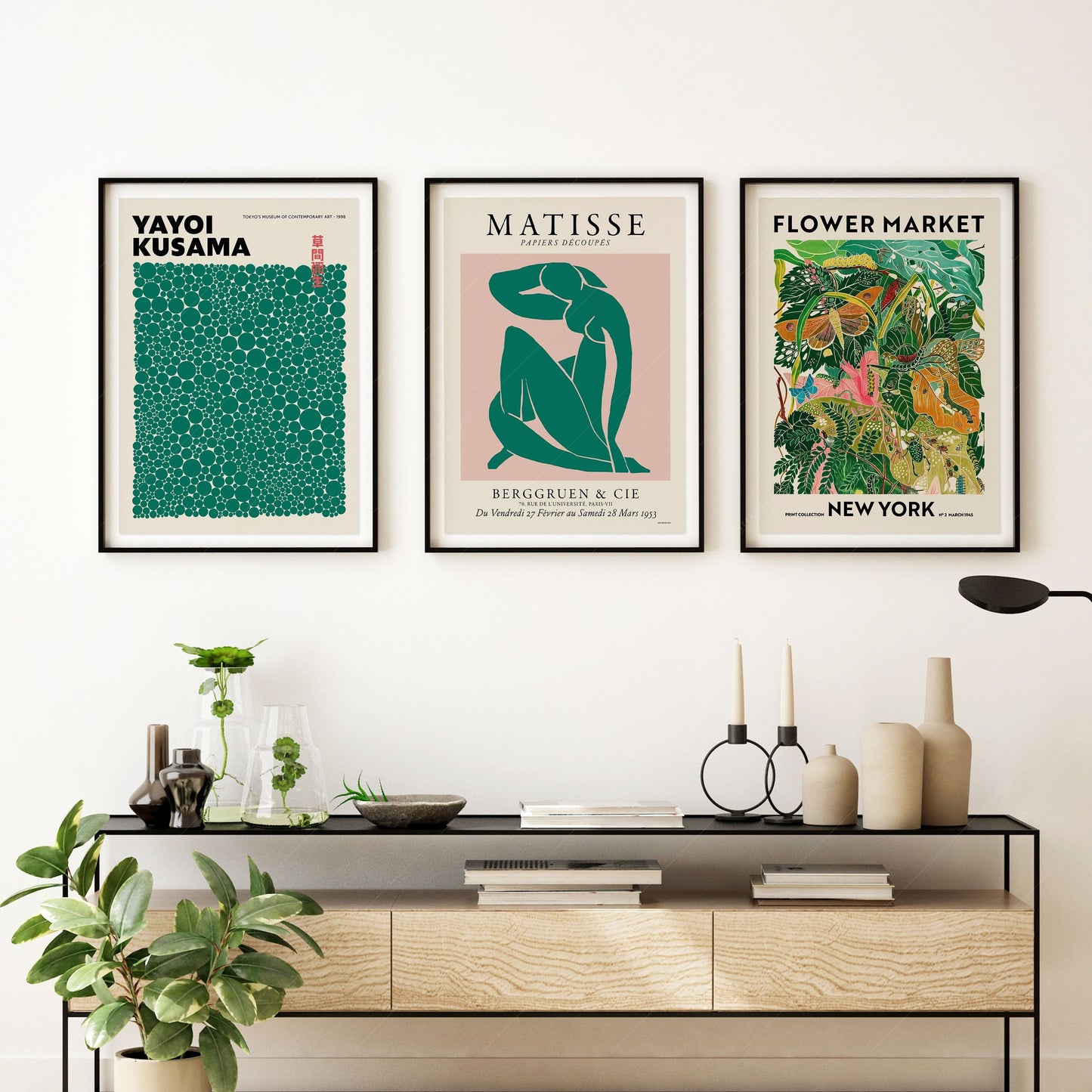 Home Poster Decor Henri Matisse, Modern Gallery Wall, Set of 3 Prints, Matisse, Yayoi Kusama, Flower Market, Dark Green and Light Pink