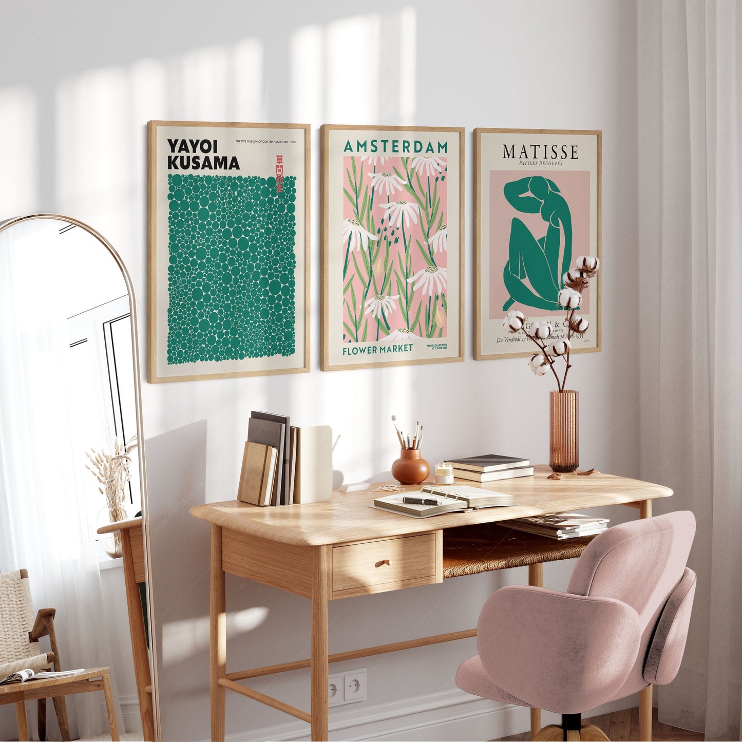 Home Poster Decor Henri Matisse, Modern Gallery Wall, Yayoi Kusama, Flower Market, Set of 3 Prints, Pink and Vivid Green tones