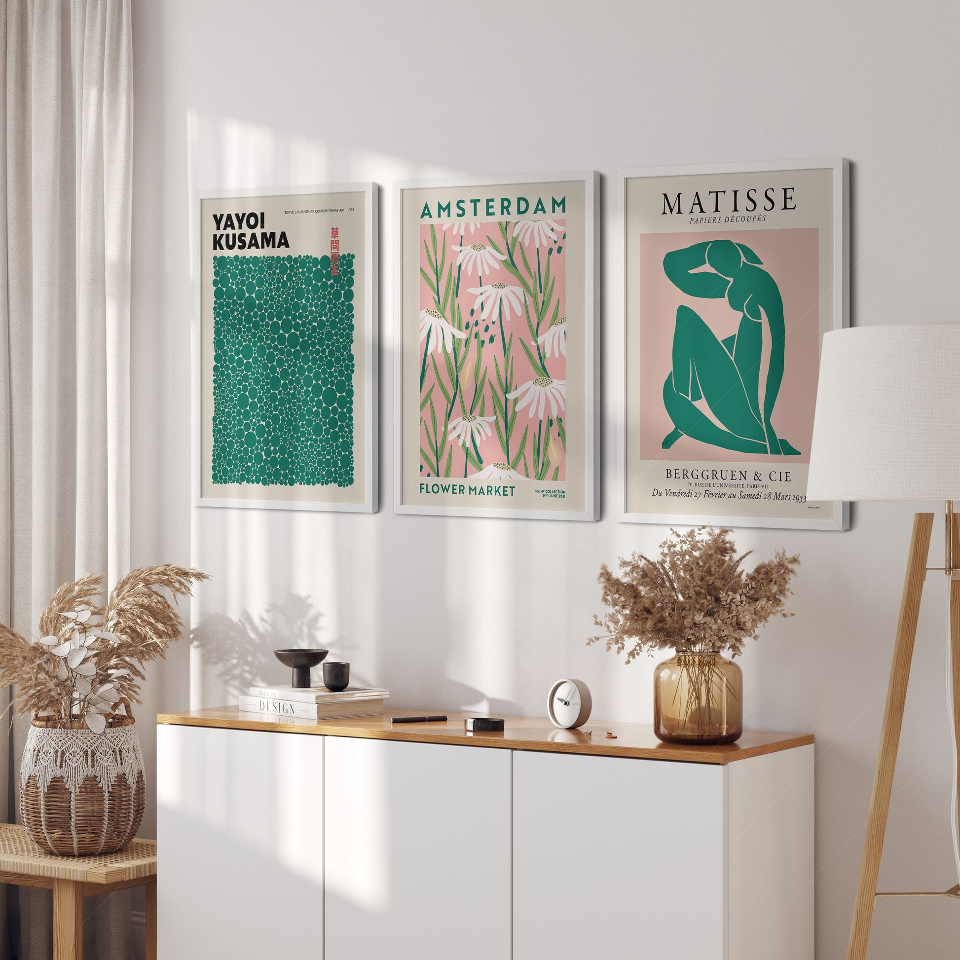 Home Poster Decor Henri Matisse, Modern Gallery Wall, Yayoi Kusama, Flower Market, Set of 3 Prints, Pink and Vivid Green tones