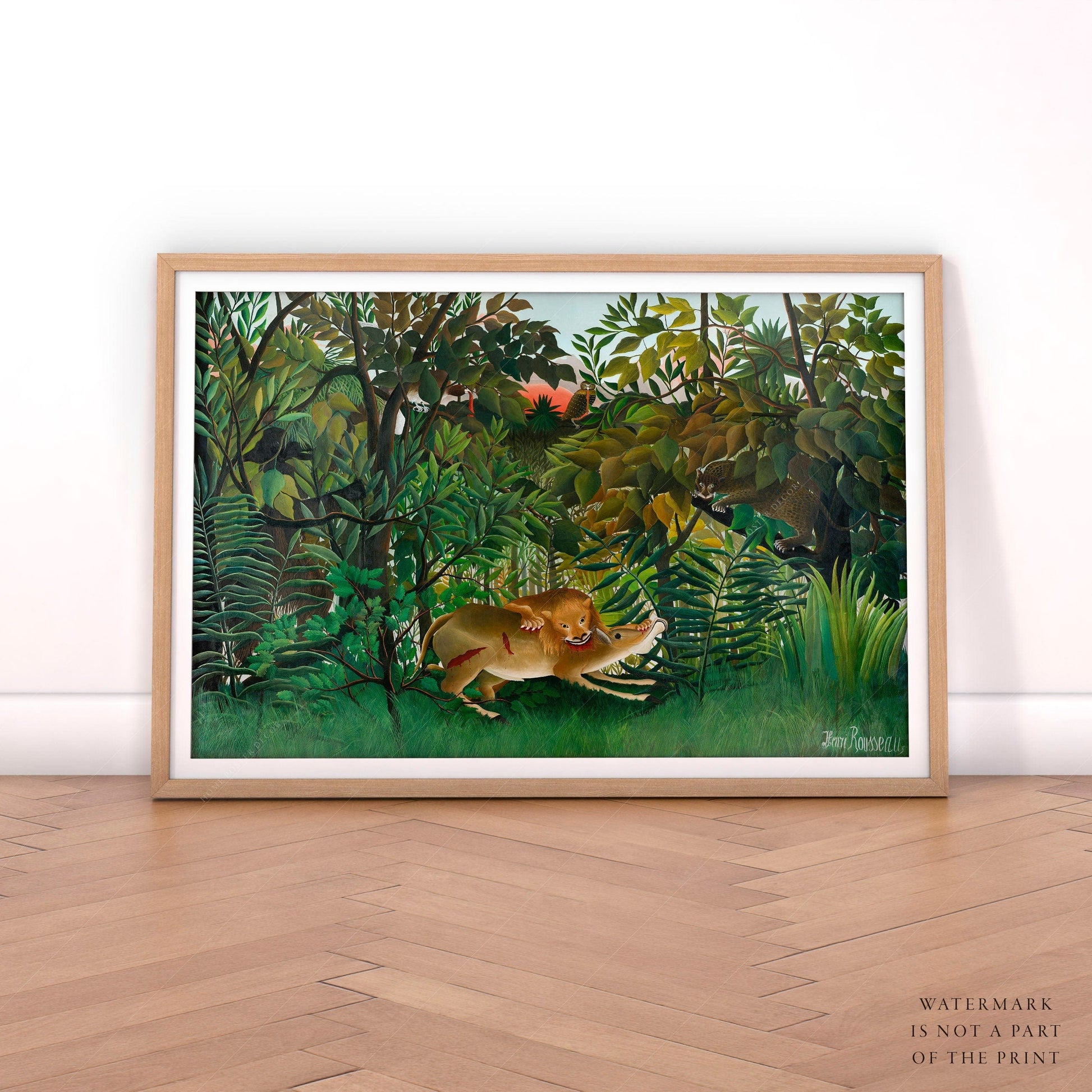 Home Poster Decor Single Henri Rousseau Print, The hungry attack, Jungle Art, Exotic figures, Tropical Leaves Print, Gift Idea, Famous Painting, Green Nature Poster