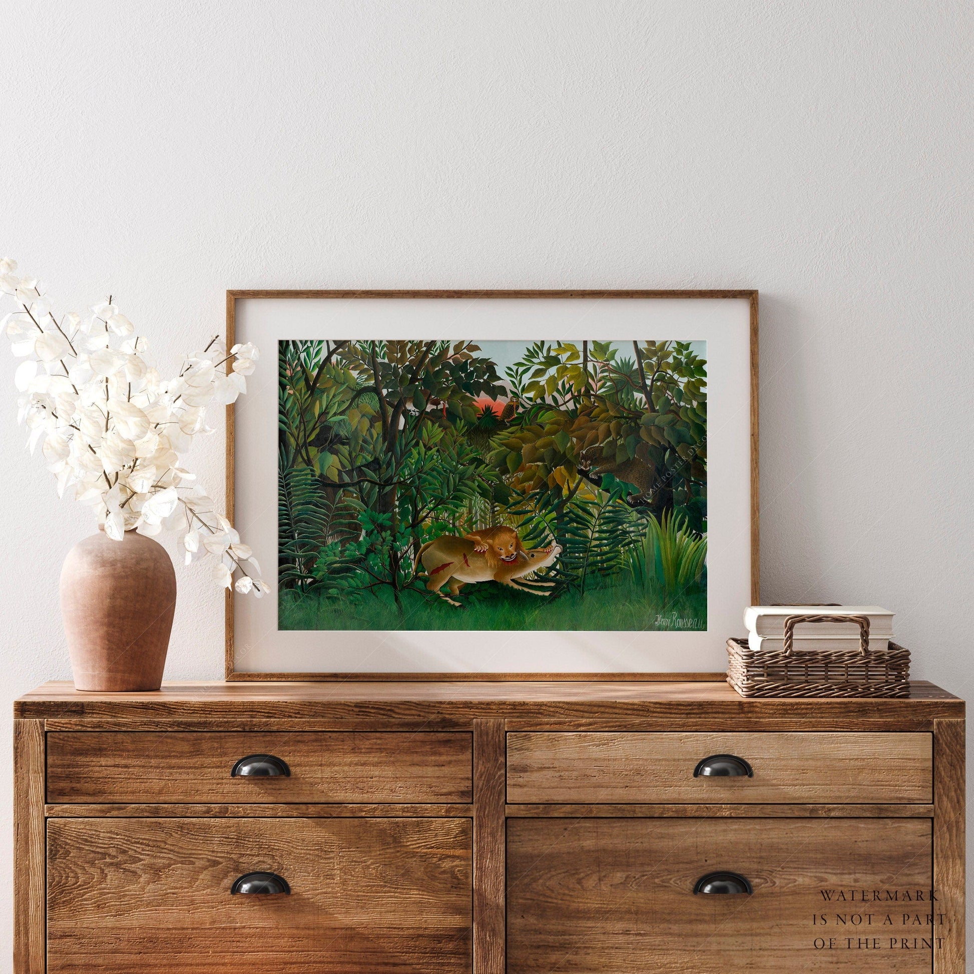 Home Poster Decor Single Henri Rousseau Print, The hungry attack, Jungle Art, Exotic figures, Tropical Leaves Print, Gift Idea, Famous Painting, Green Nature Poster