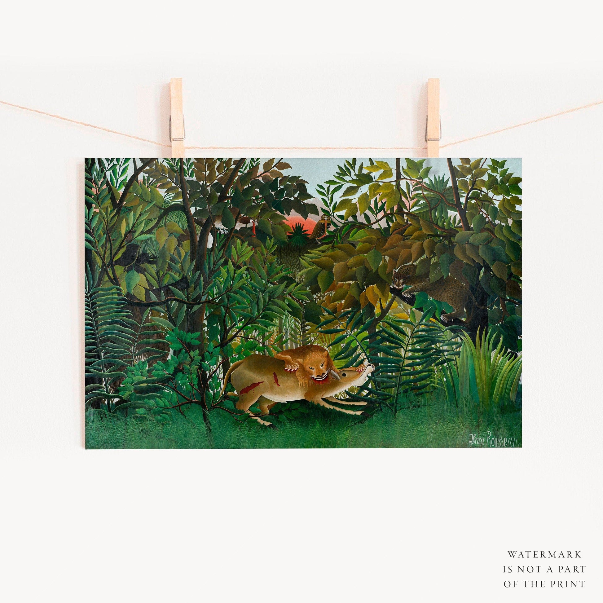 Home Poster Decor Single Henri Rousseau Print, The hungry attack, Jungle Art, Exotic figures, Tropical Leaves Print, Gift Idea, Famous Painting, Green Nature Poster