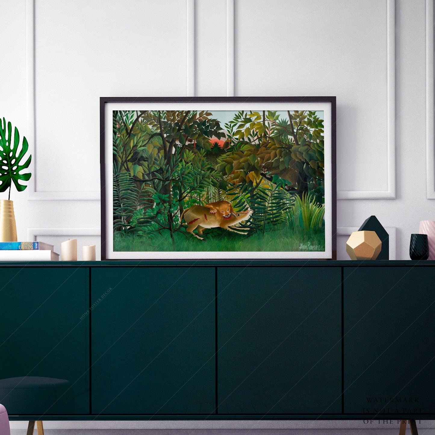 Home Poster Decor Single Henri Rousseau Print, The hungry attack, Jungle Art, Exotic figures, Tropical Leaves Print, Gift Idea, Famous Painting, Green Nature Poster